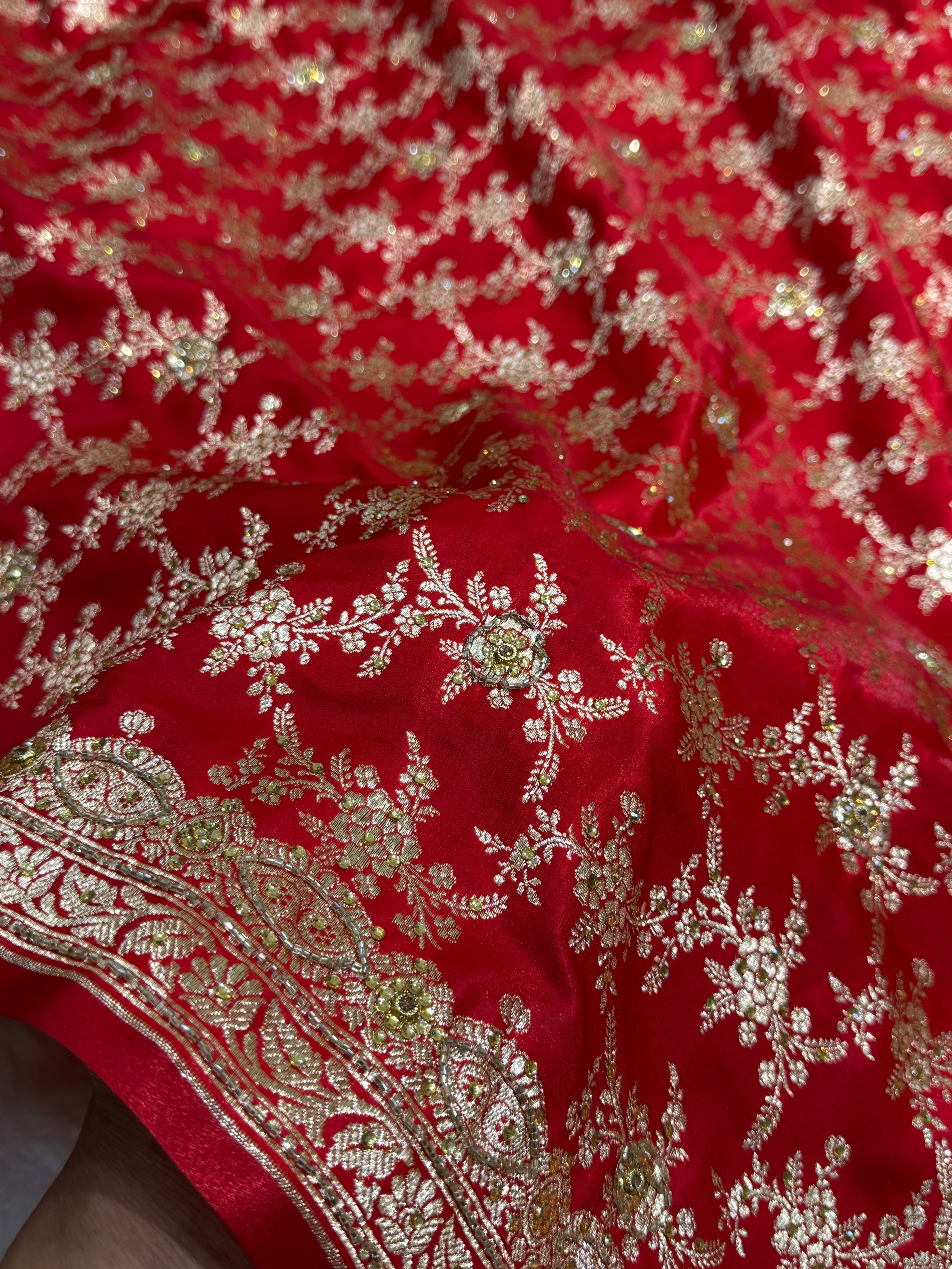 Bridal Red Jaal with Ari and Stone with brocade Blouse