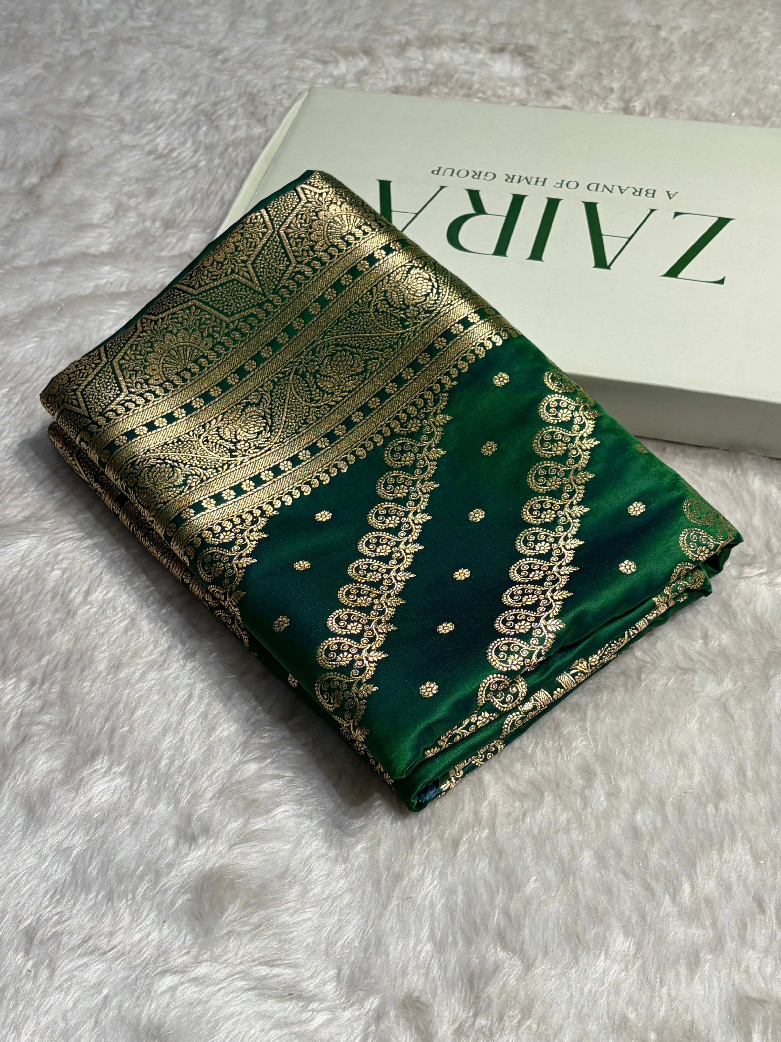 Cross Green Shades Cross Floral Pattern Satin Katan Silk Saree SK79