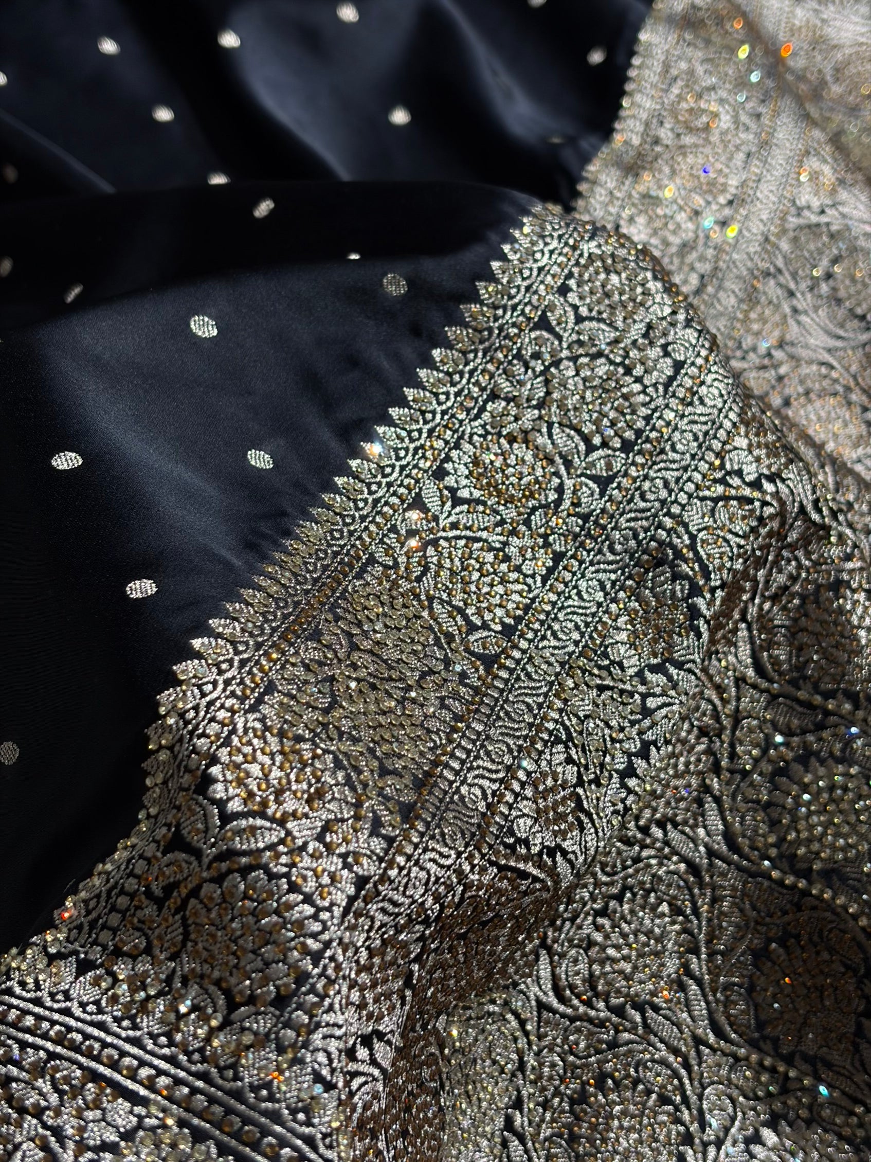 Black Shades Booti With Swarovski Stone Work Mashru Silk Saree BMS65