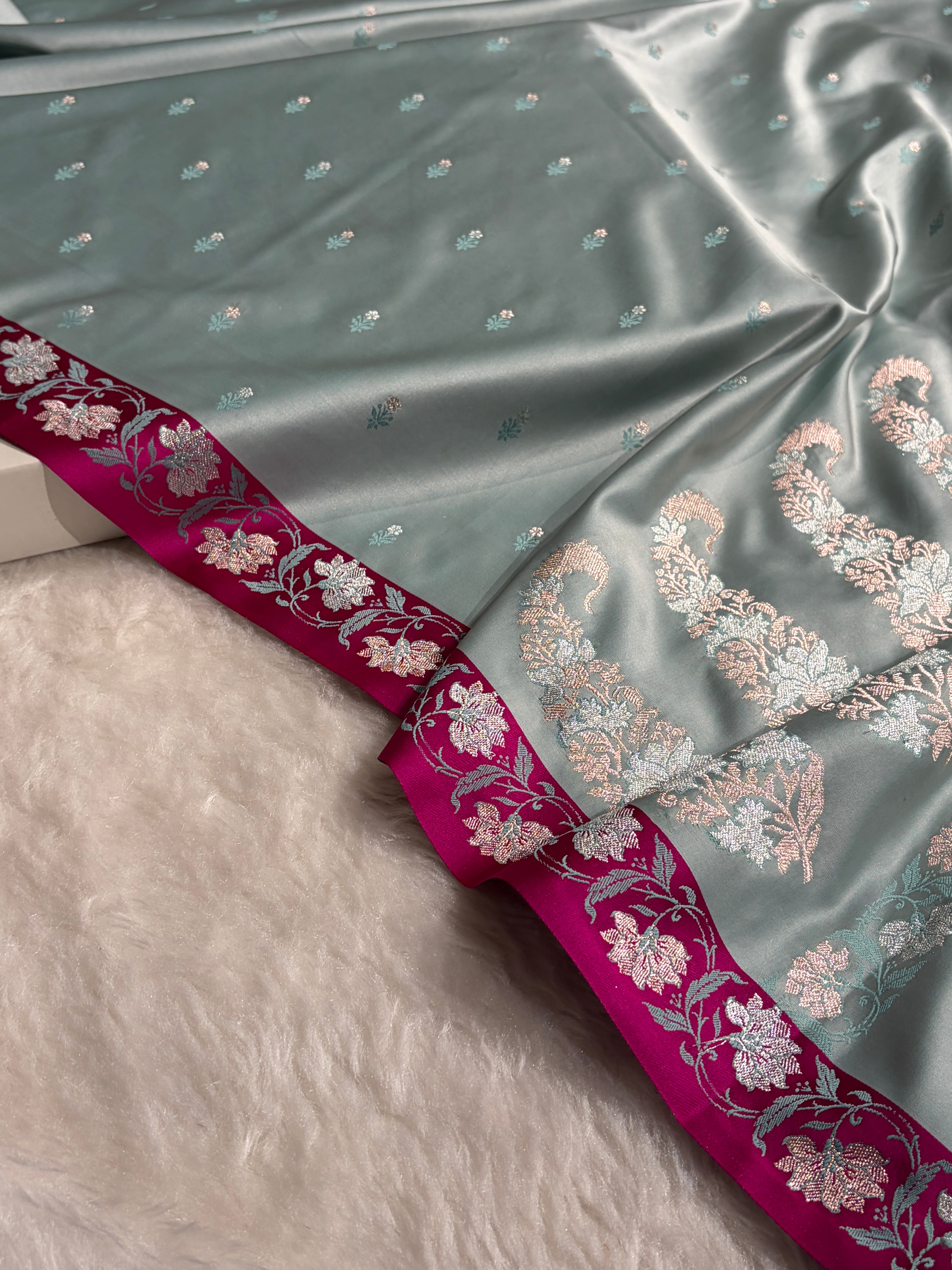 Contrast Light Grey With Rani Floral Boota With Floral Border Mashru Silk Saree MSM-78