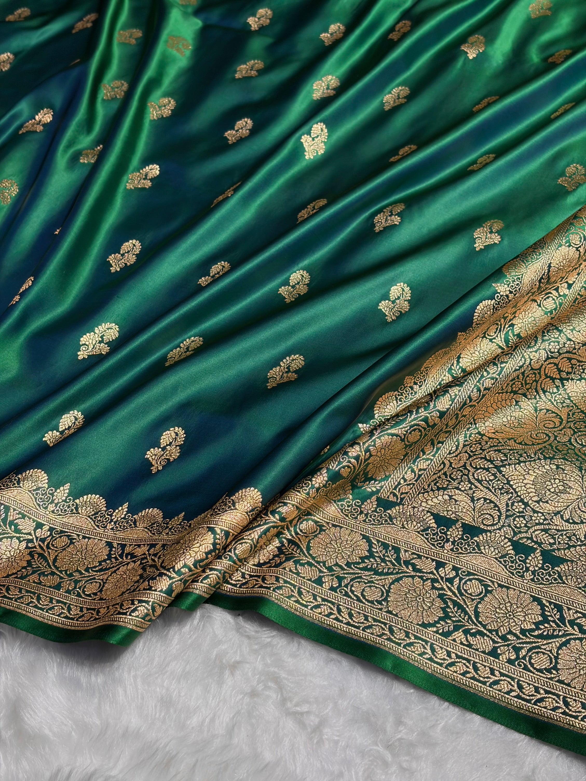Cross Green Shades Floral Booti Motif Satin Katan Silk saree SK61