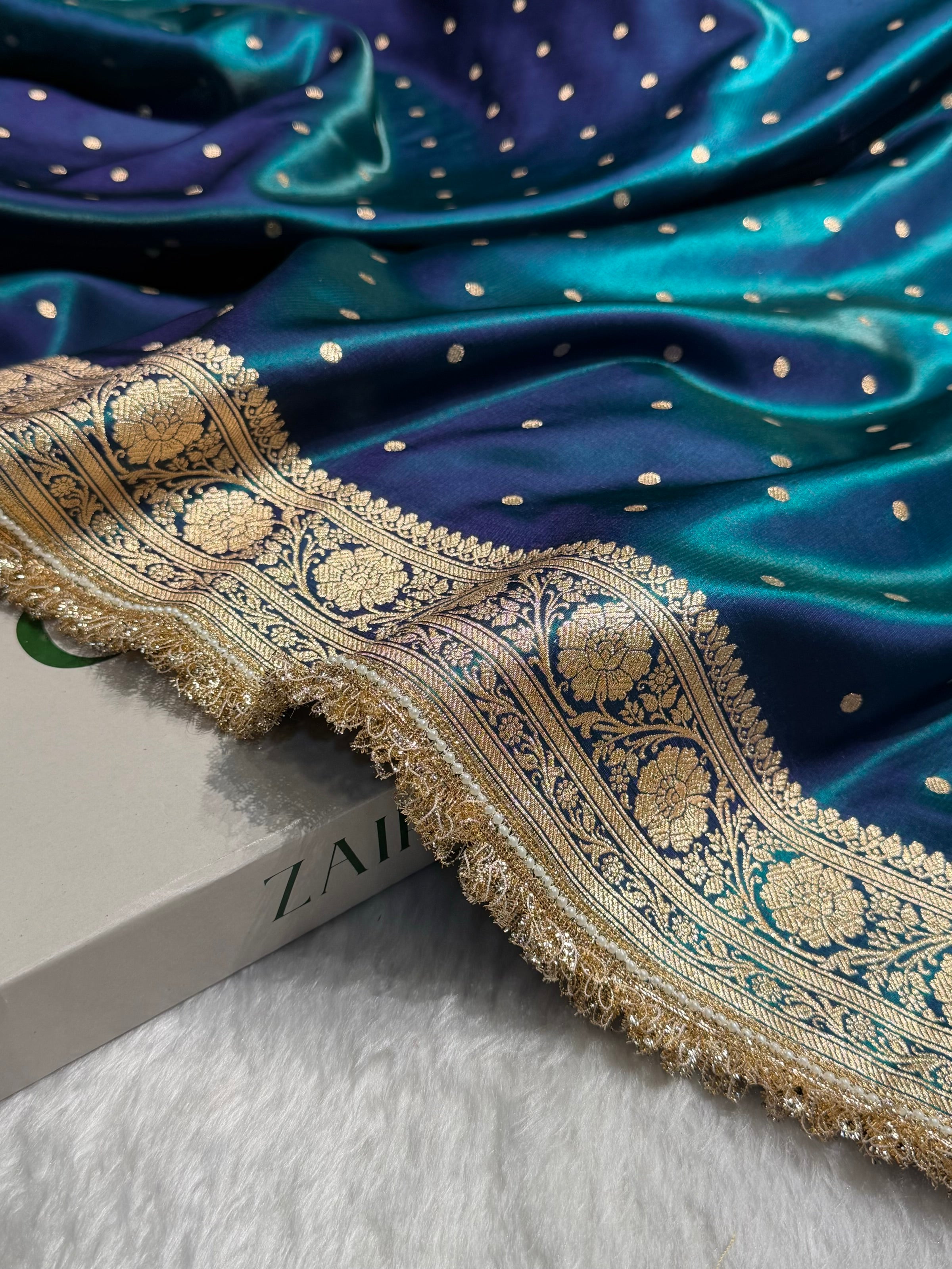 Satin Silk Dot Booti in Peacock Shades With Gotta Patti SSGP08