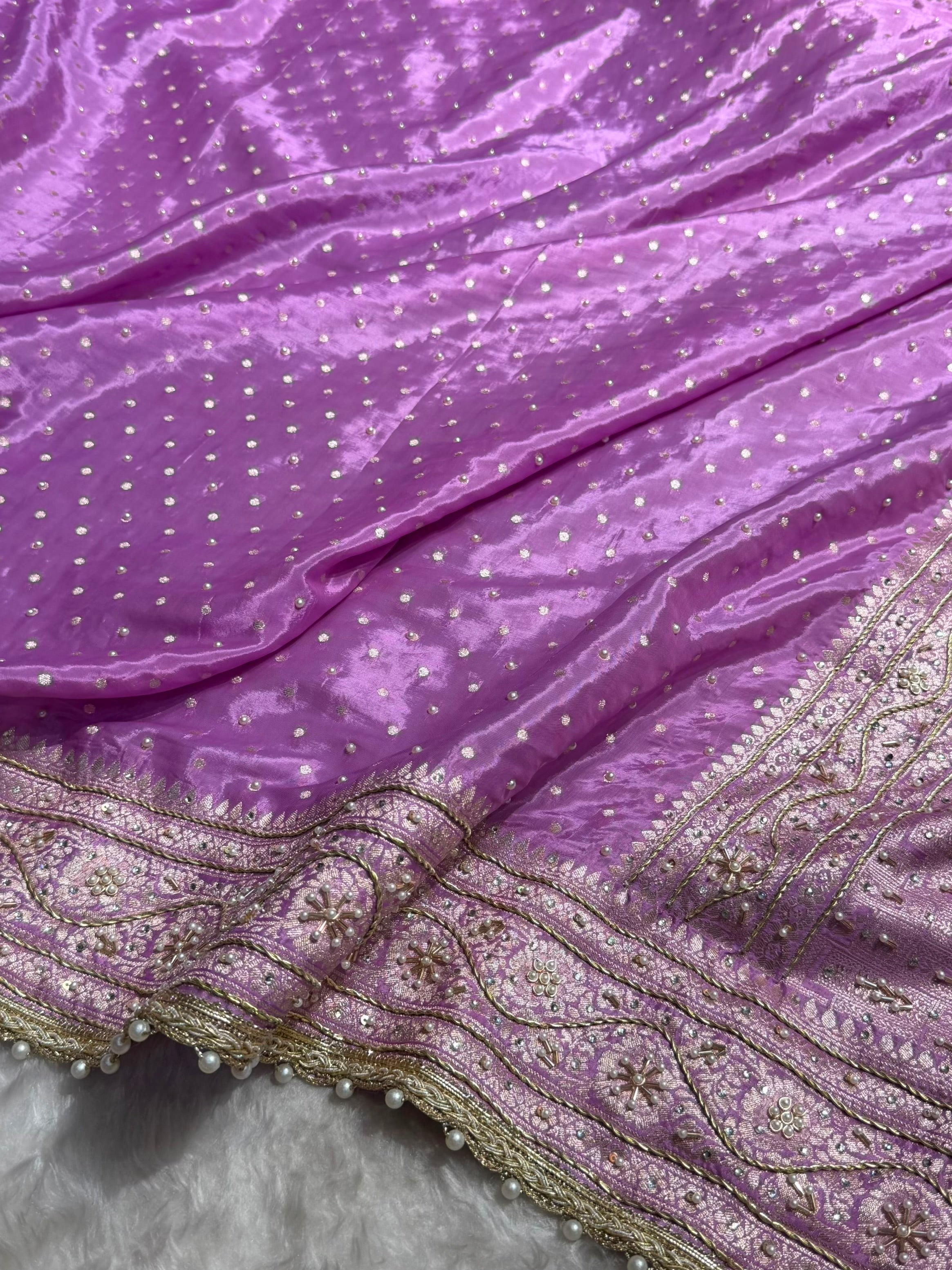Lavender Shades Border Crepe Silky Katan With Ari Zardozi & Gotta Patti Work Banarasi Saree BCSKGP-06