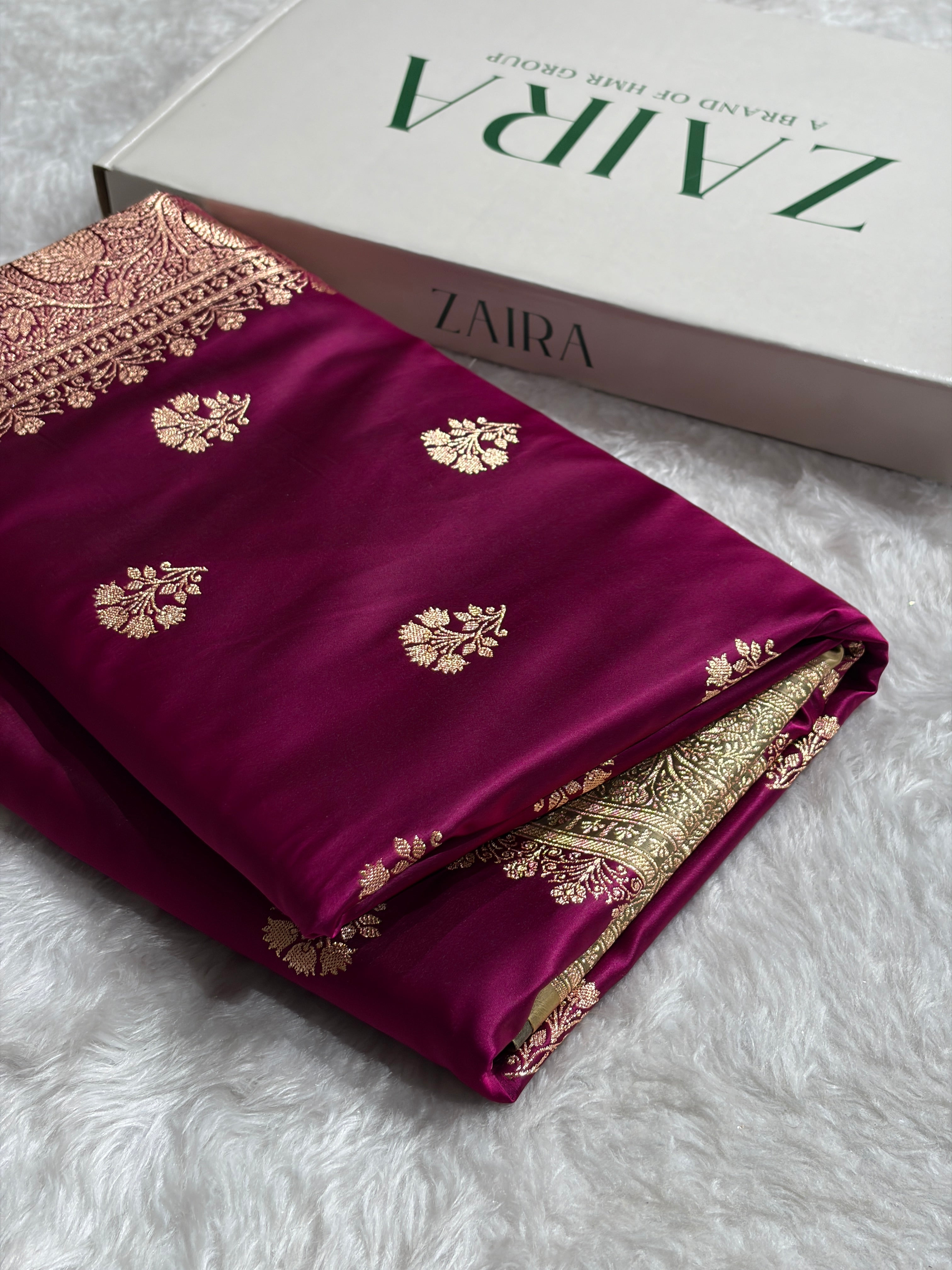 Wine - Cream Banarasi Boota Katan Silk Saree SKM29