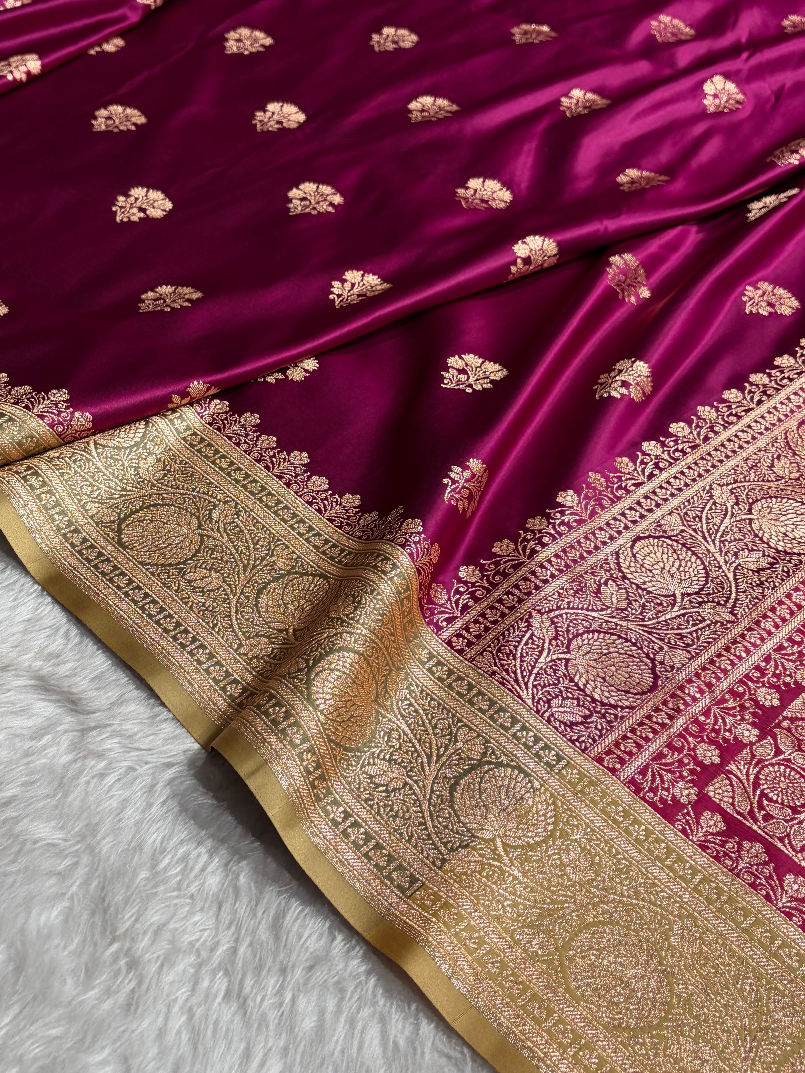 Wine - Cream Banarasi Boota Katan Silk Saree SKM29