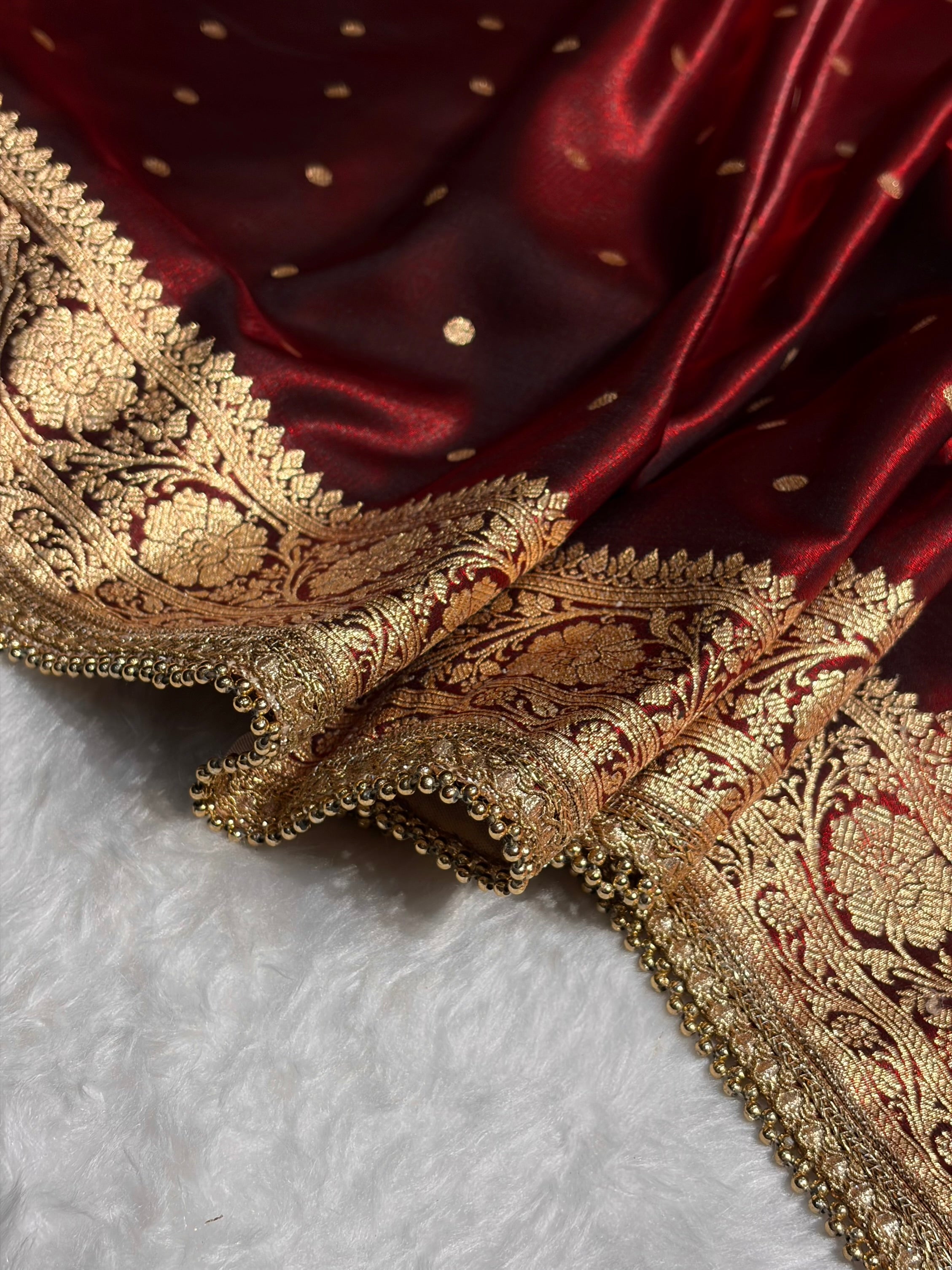 Satin Silk Dot Booti in Maroon Shades With Gotta Patti SSGP08