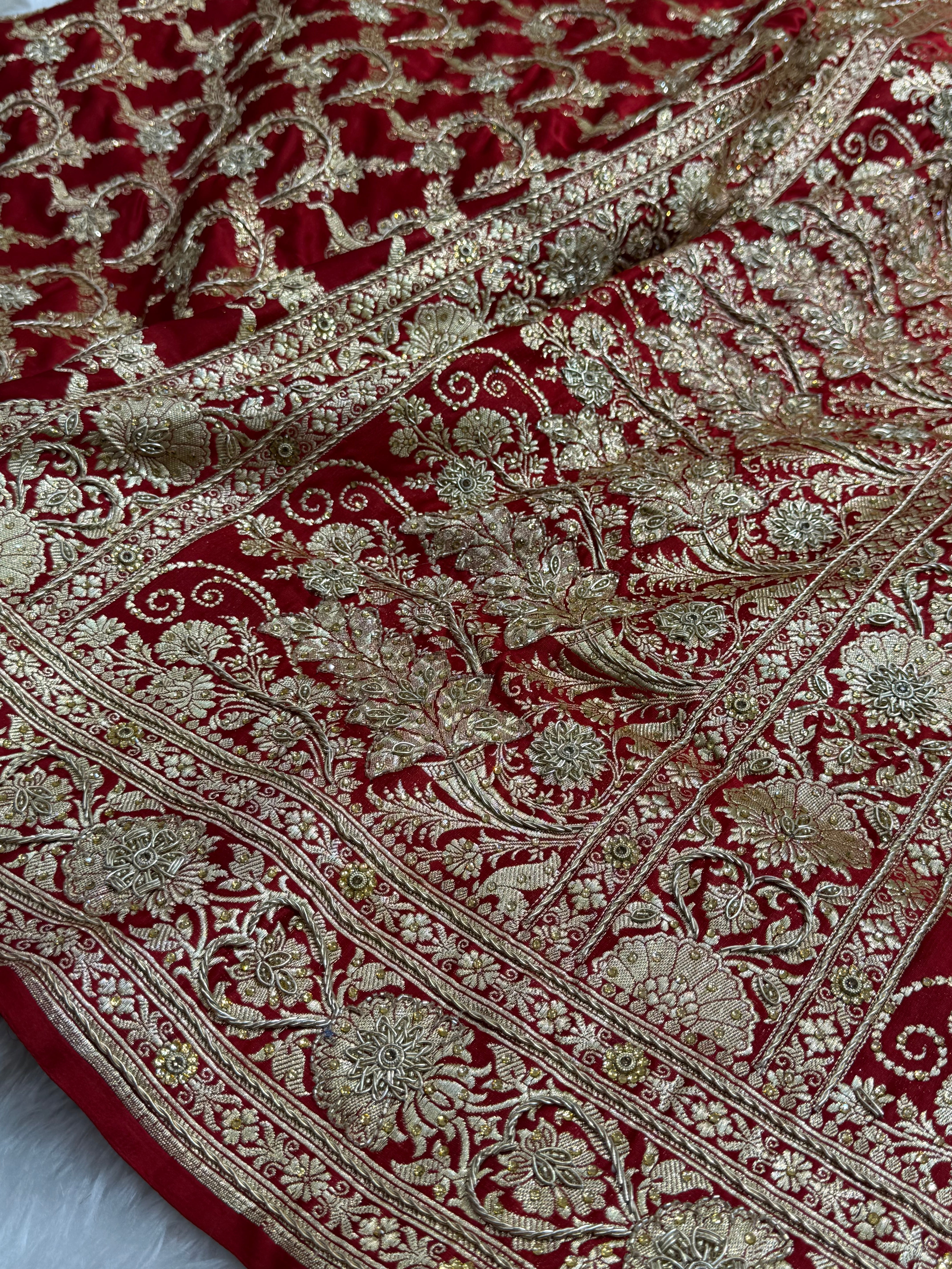 Bridal Maroon Pure Katan Silk Banarasi Saree with Zardozy, Ari and Stone work