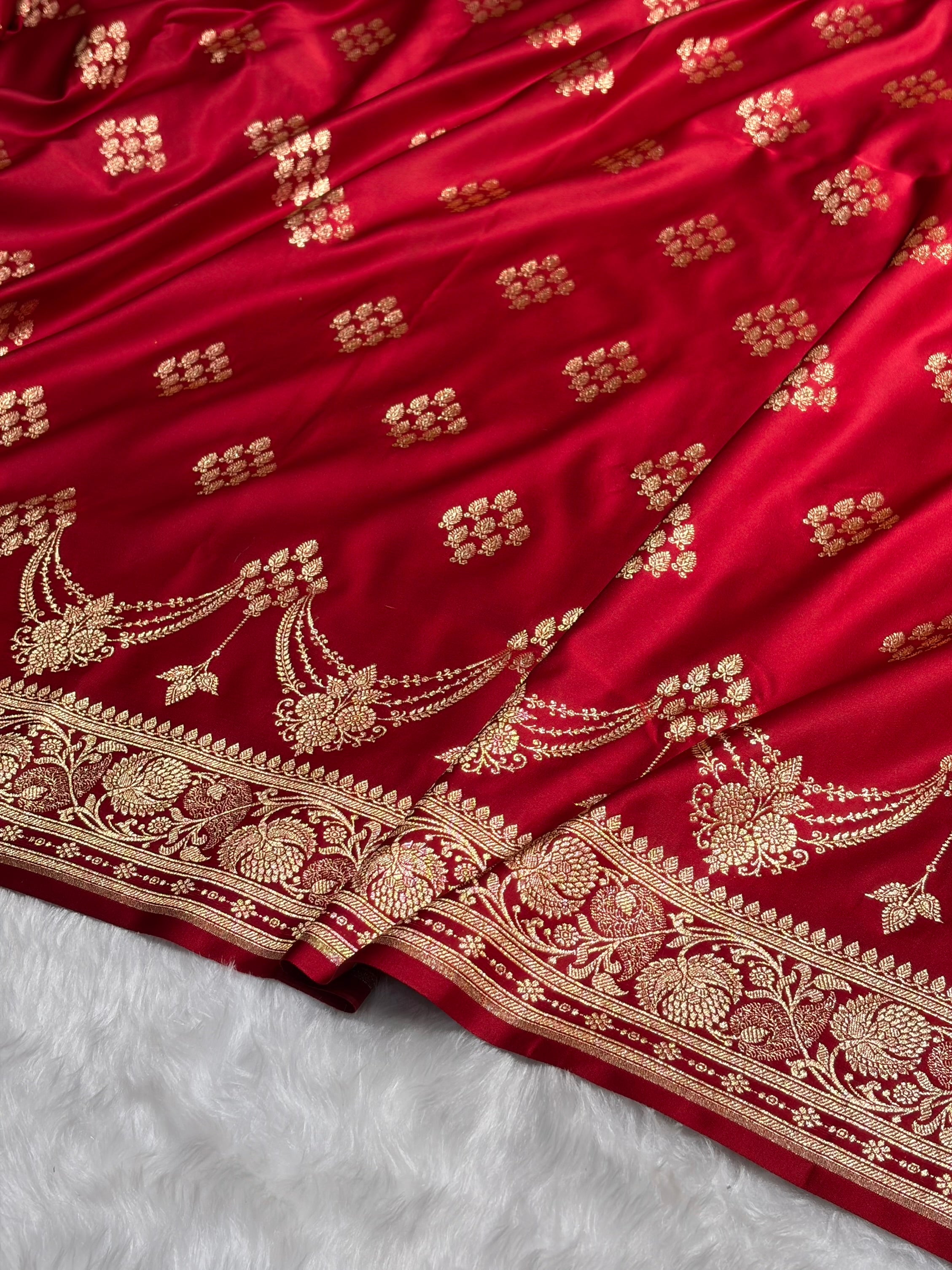 Red Floral Boota Satin Katan Silk saree SK34