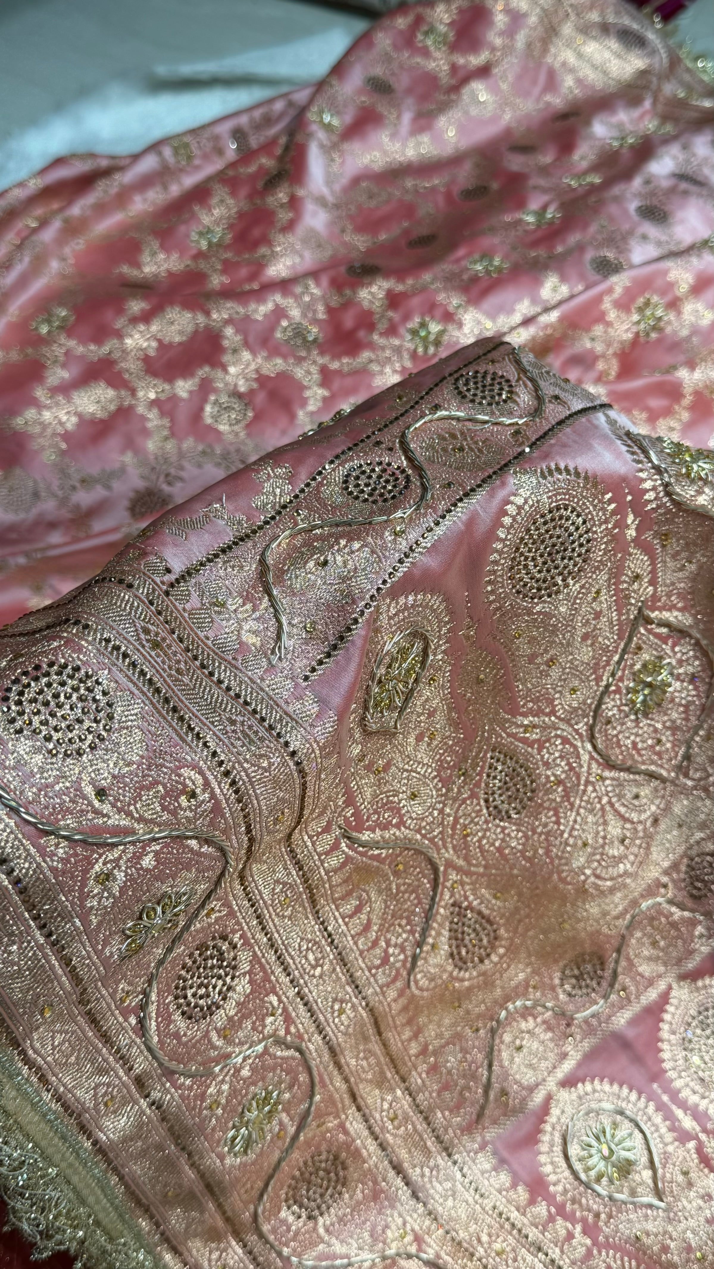 Baby Pink Swavroski & Zardozi Work With Gotta Patti Jaal Pattern Satin Katan Silk Saree BSKGP25