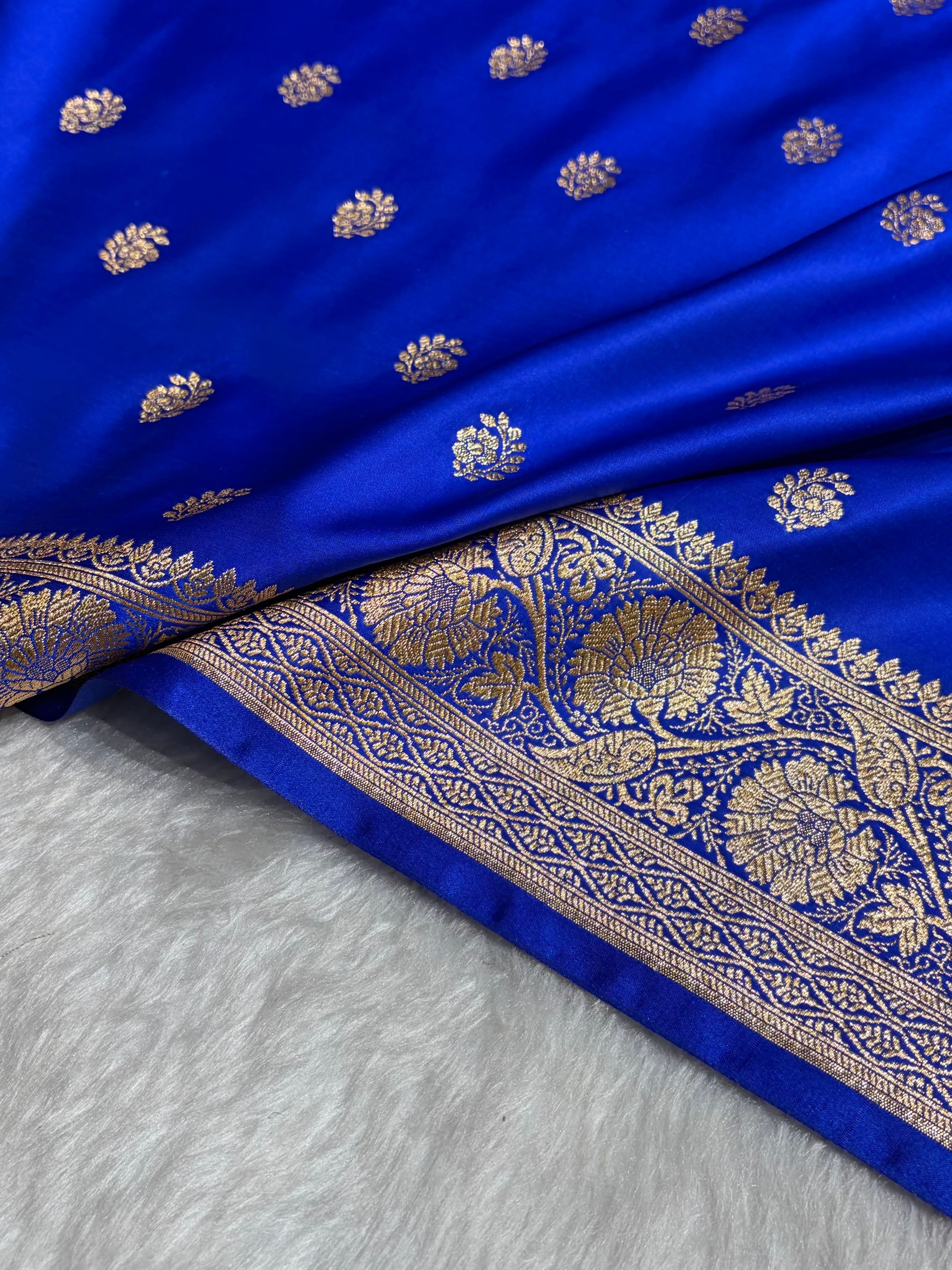 Royal Blue Floral Boota Pattern Satin Katan Silk Saree SK72