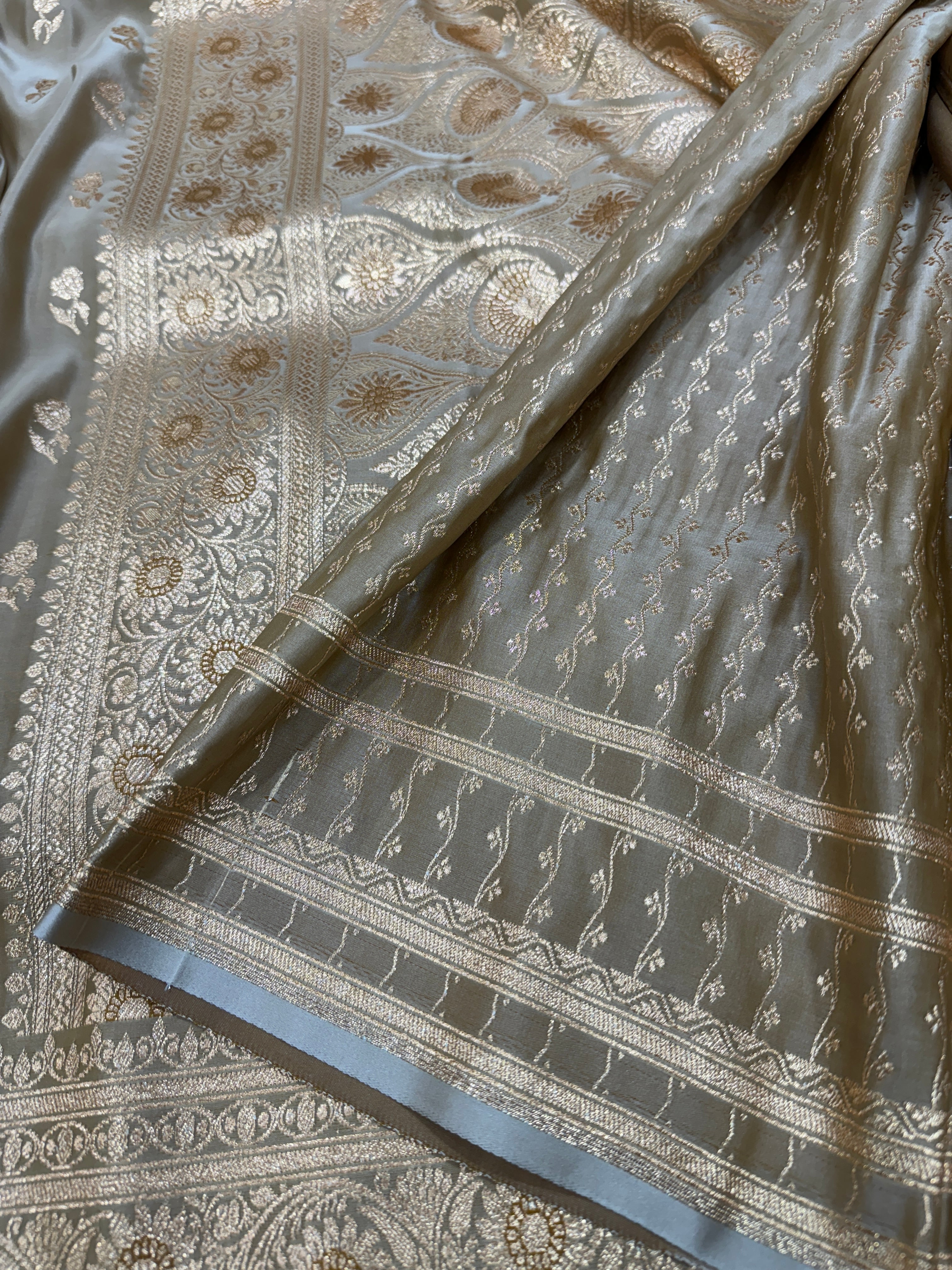 Beige Gold Floral Booti Satin Katan Silk Saree SK13