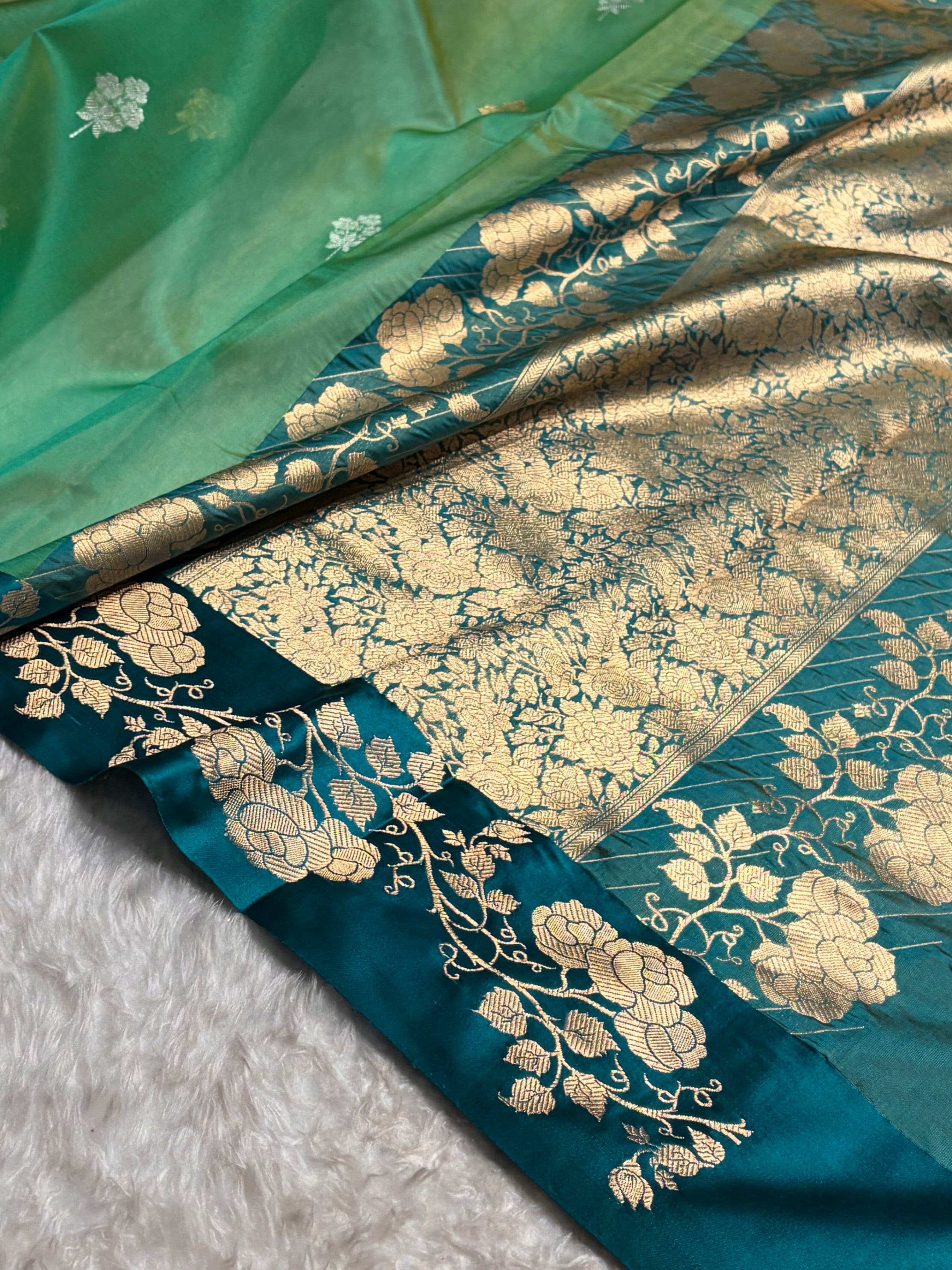 Contrast Pure Banarasi Organza Sea Green With Rama Floral Banarasi Silk Saree PO-13