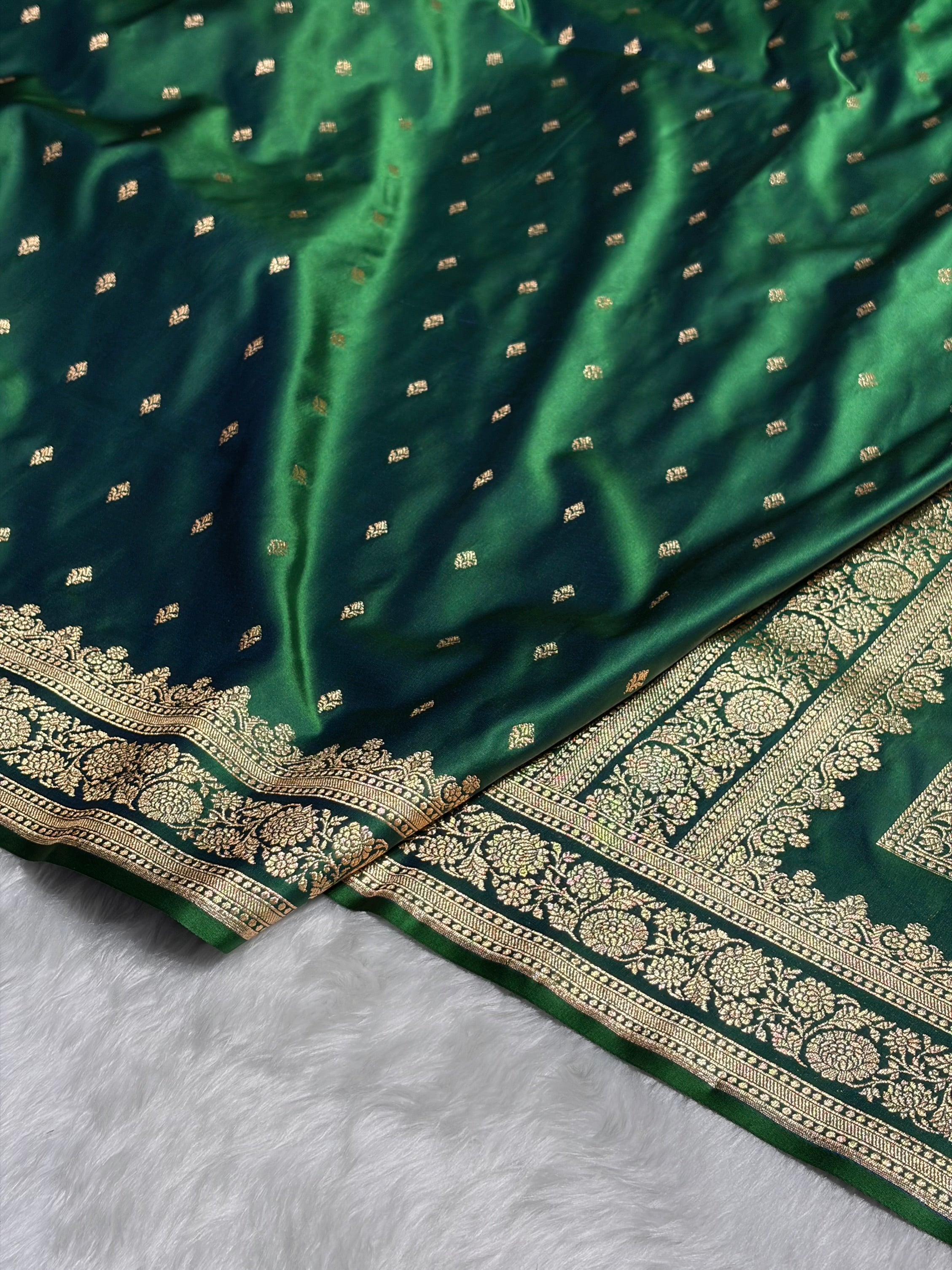 Cross Green Shades Booti Pattern Satin Katan Silk Saree SK51