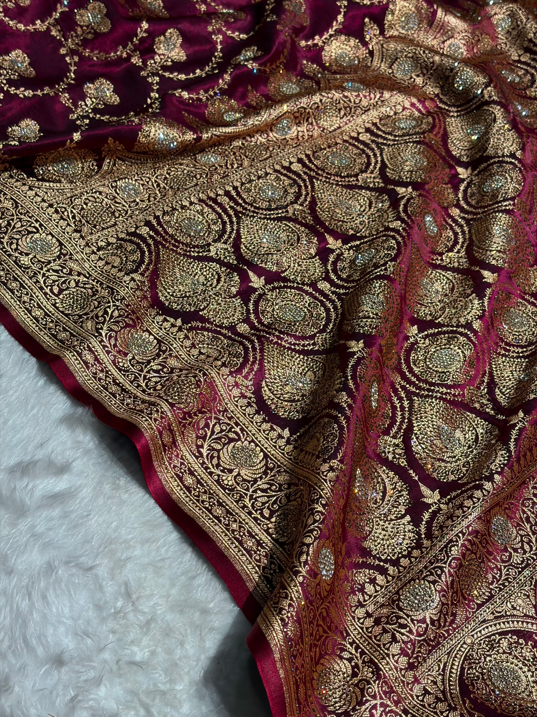 Satin Silk Saree Banarasi Swarovski Work Jaal in Wine Shades BSS23 (R)