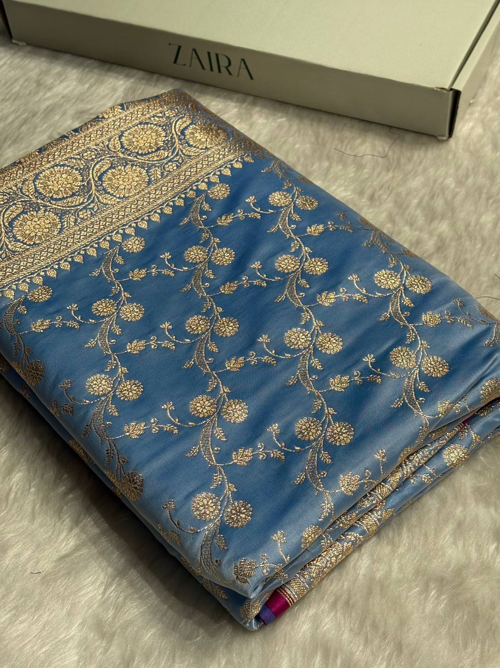 Nile Blue Cross Satin Katan Silk Saree SK17