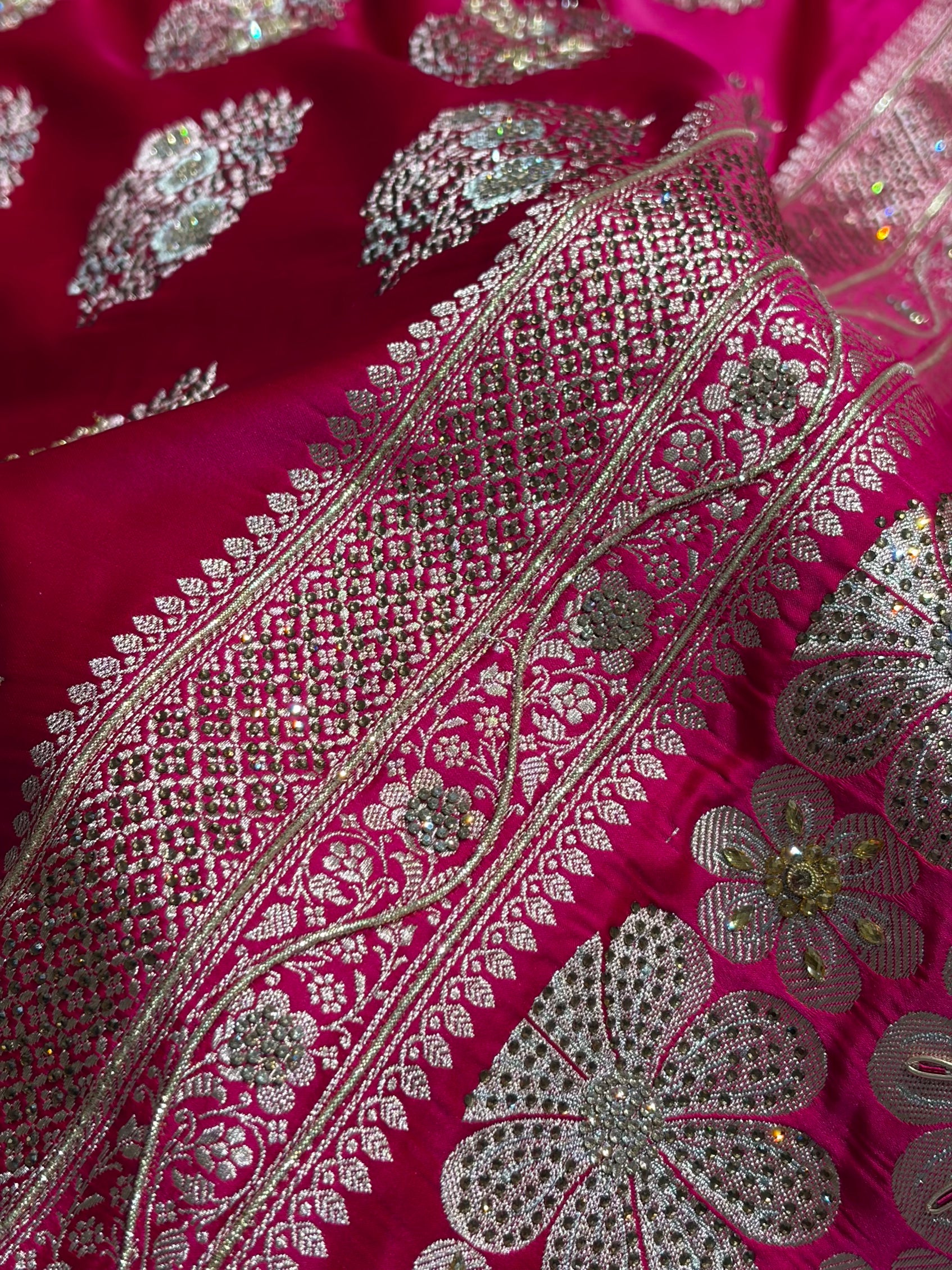 Premium Birdal Banarasi Satin Katan Saree With Swarovski Ari & Zardozi Work Minakari Boota in Rani Shades BSK93