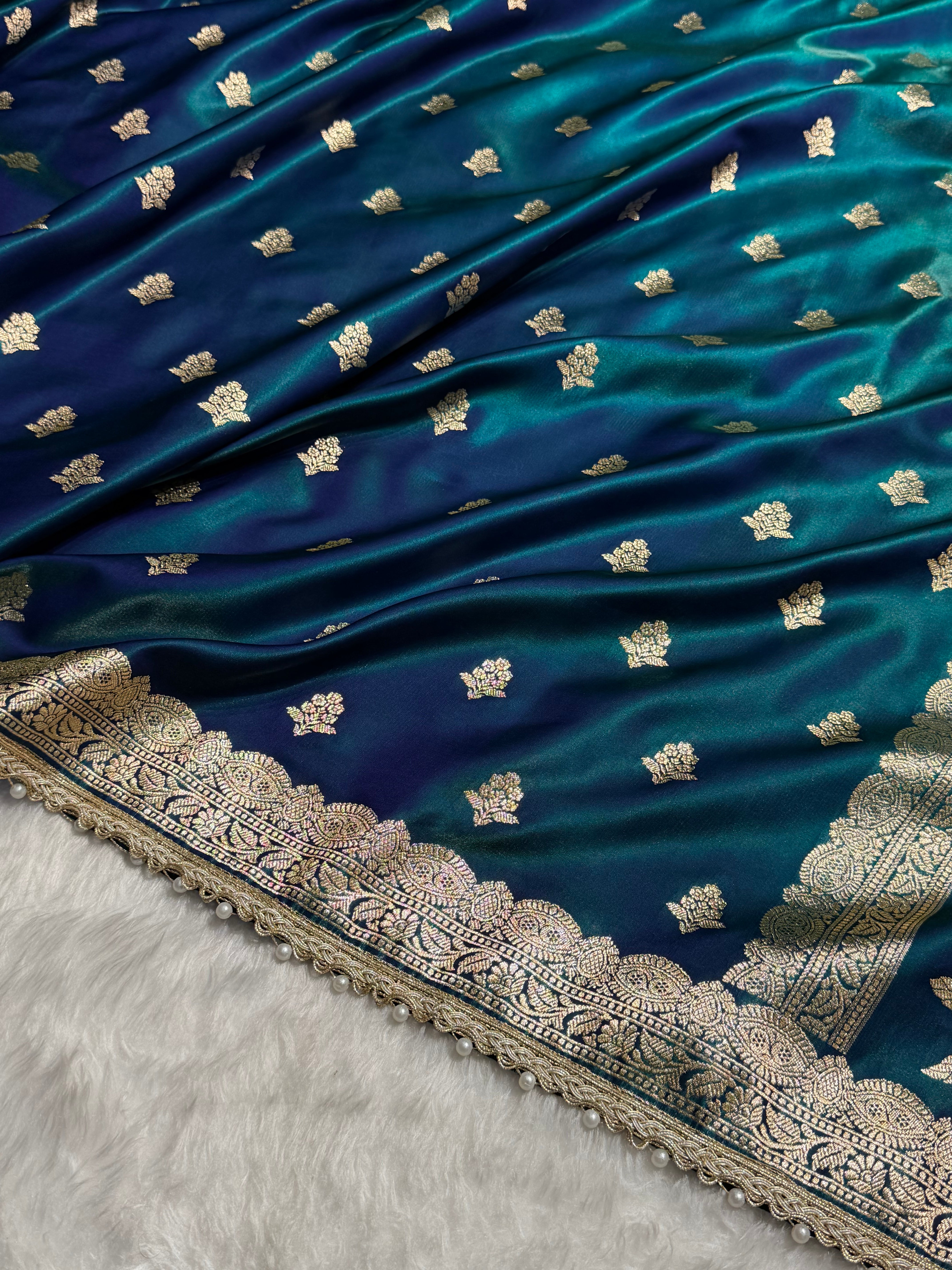 Peacock Shades Booti Satin Silk Saree with gotta patti SSGP07