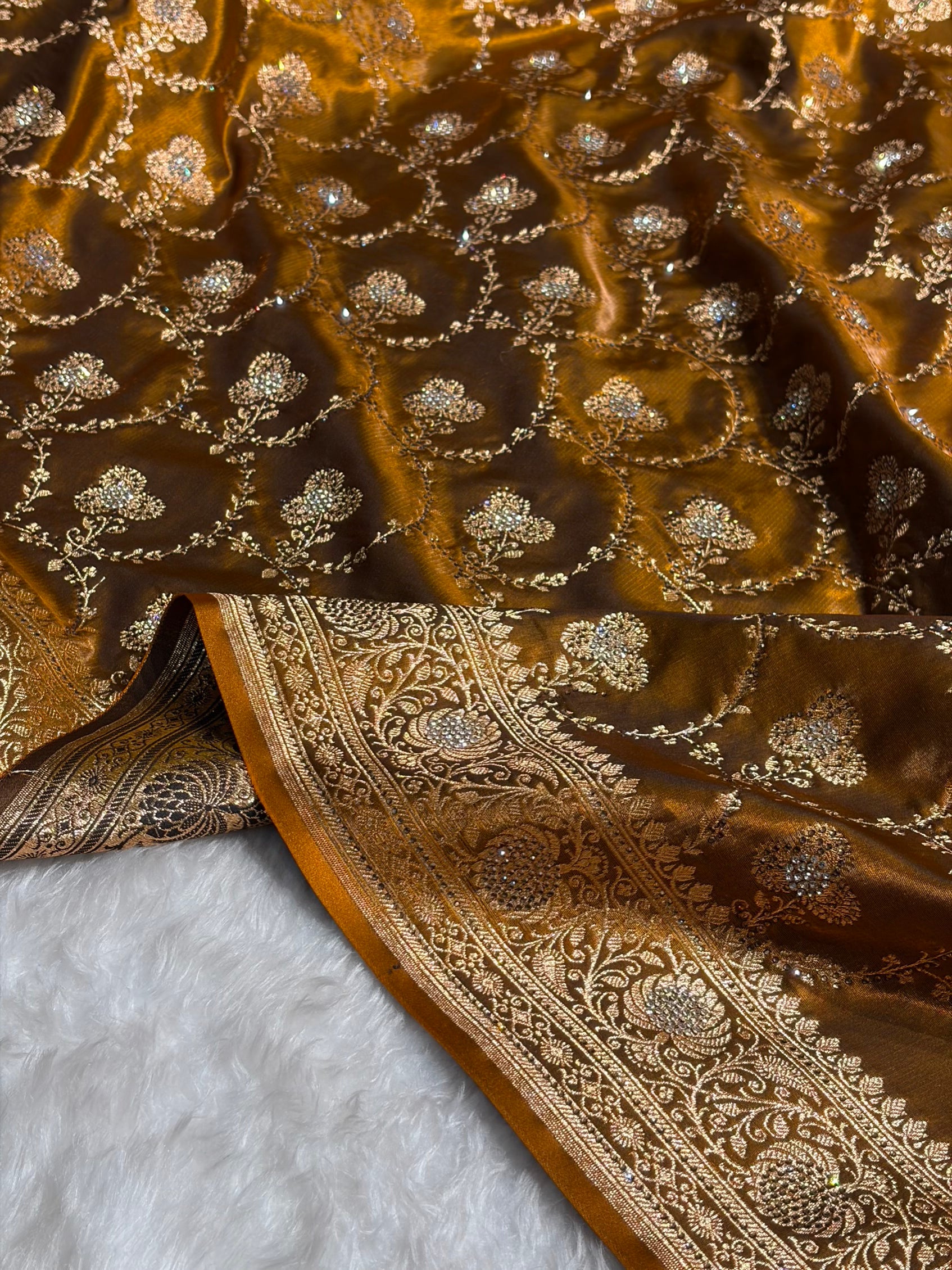 Satin Silk Saree Banarasi Swarovski Work Jaal in Mehendi Shades BSS23 (R)