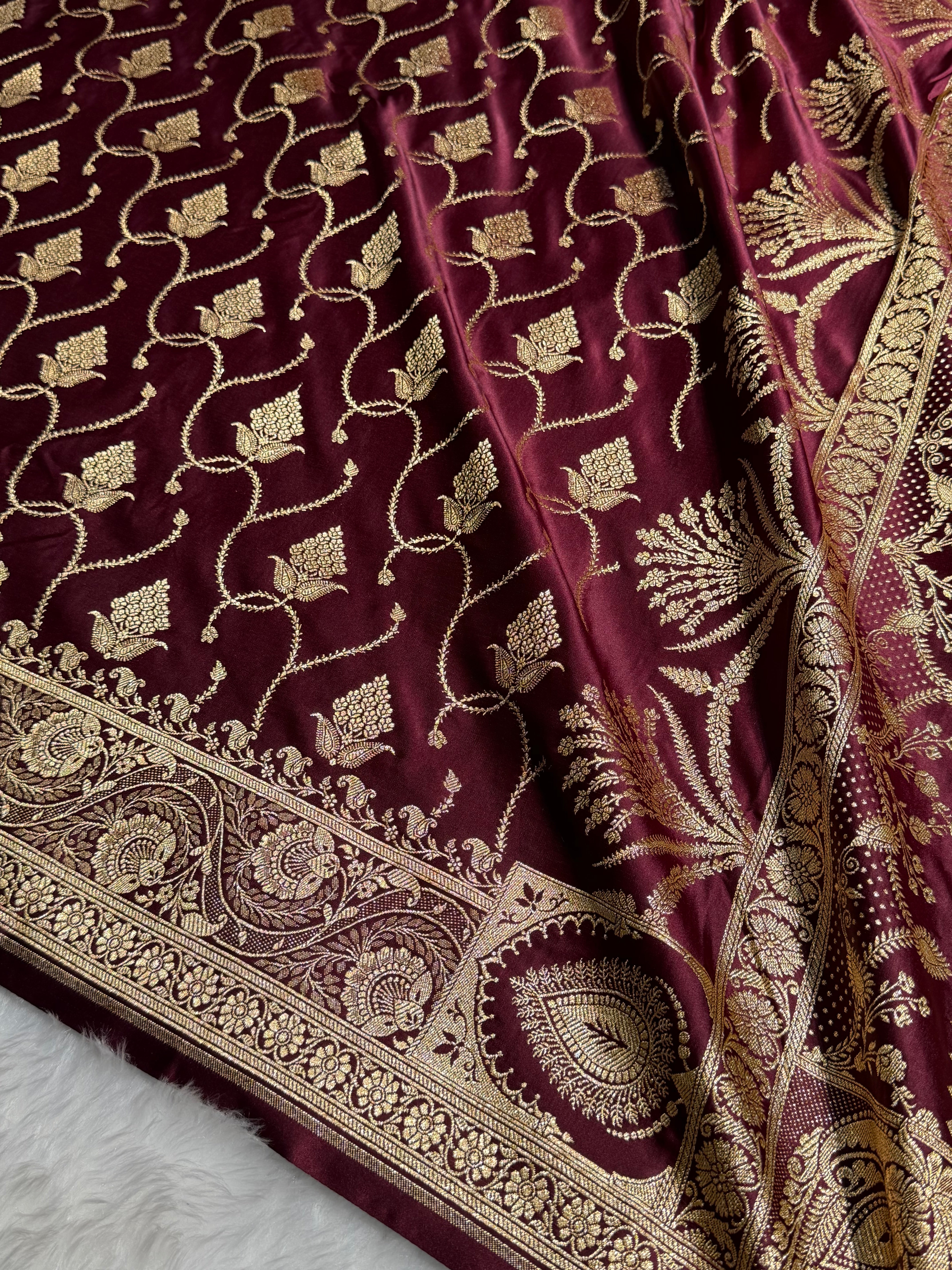 Banarasi Satin Katan Saree With Minakari Boota in Garnet Shades SK96