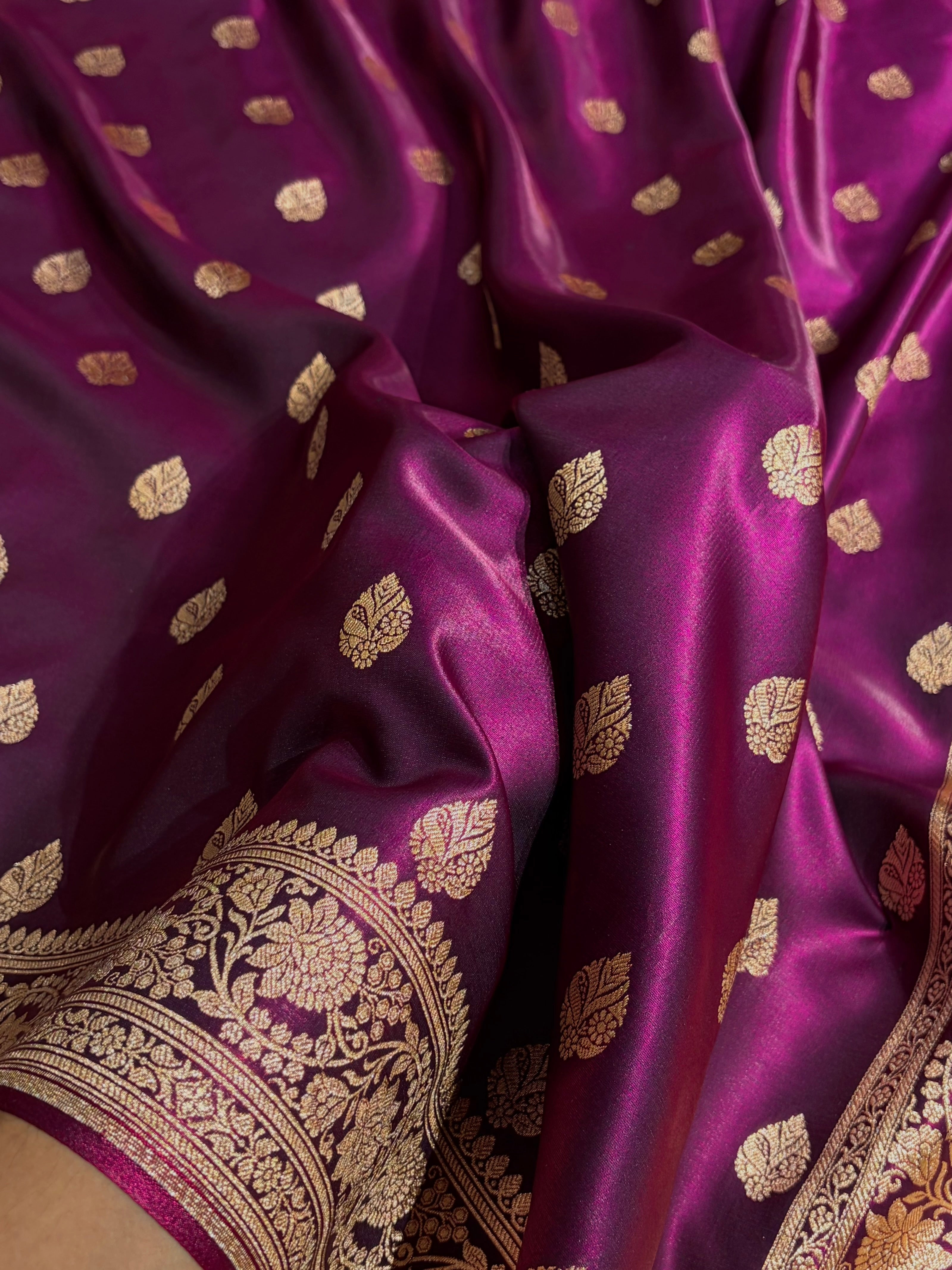 Wine Shades Booti Pattern Banarasi Satin Silk Saree SS58
