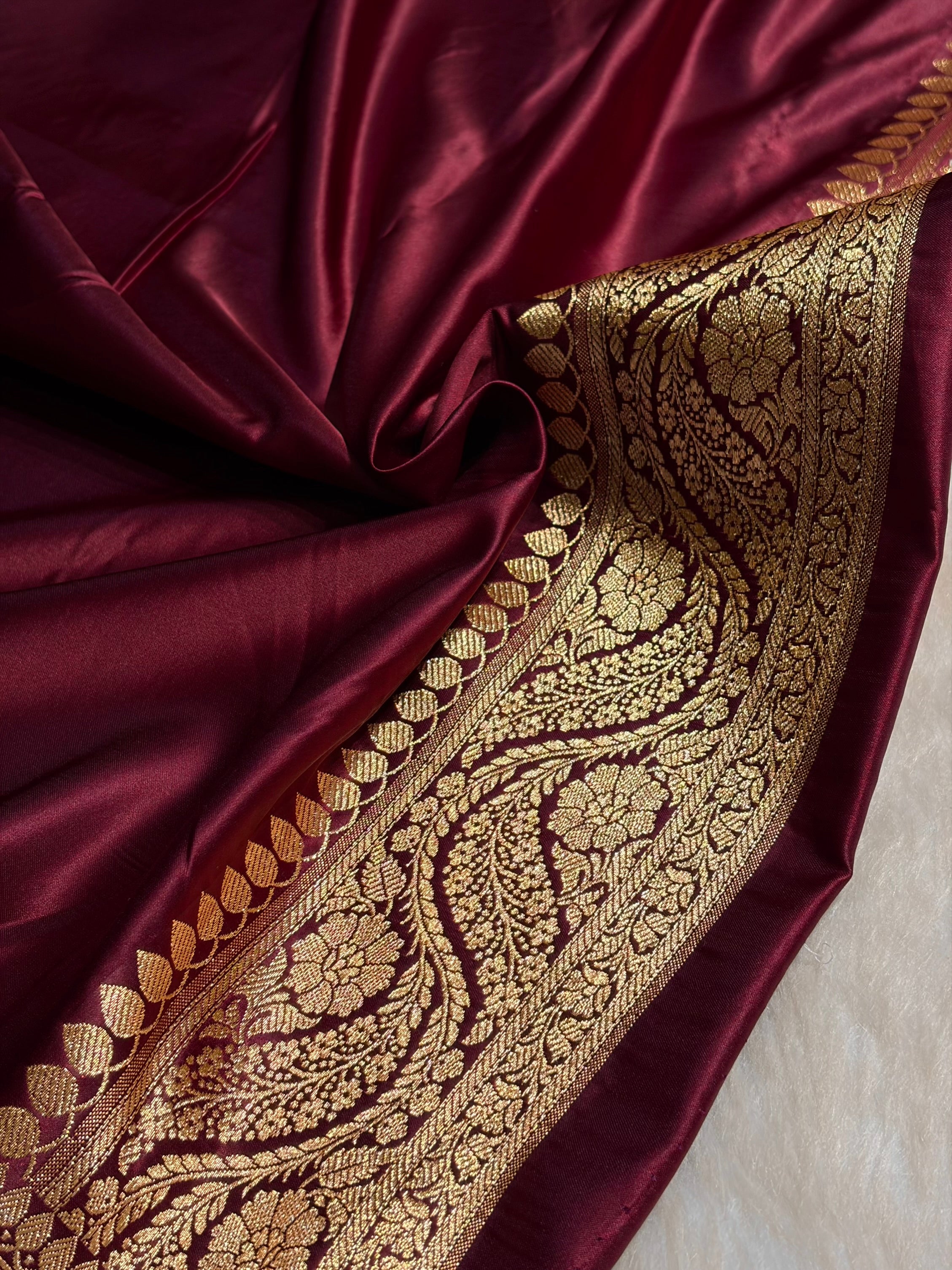 Garnet Cross with Boota Pattern Satin Katan Silk Saree SK67