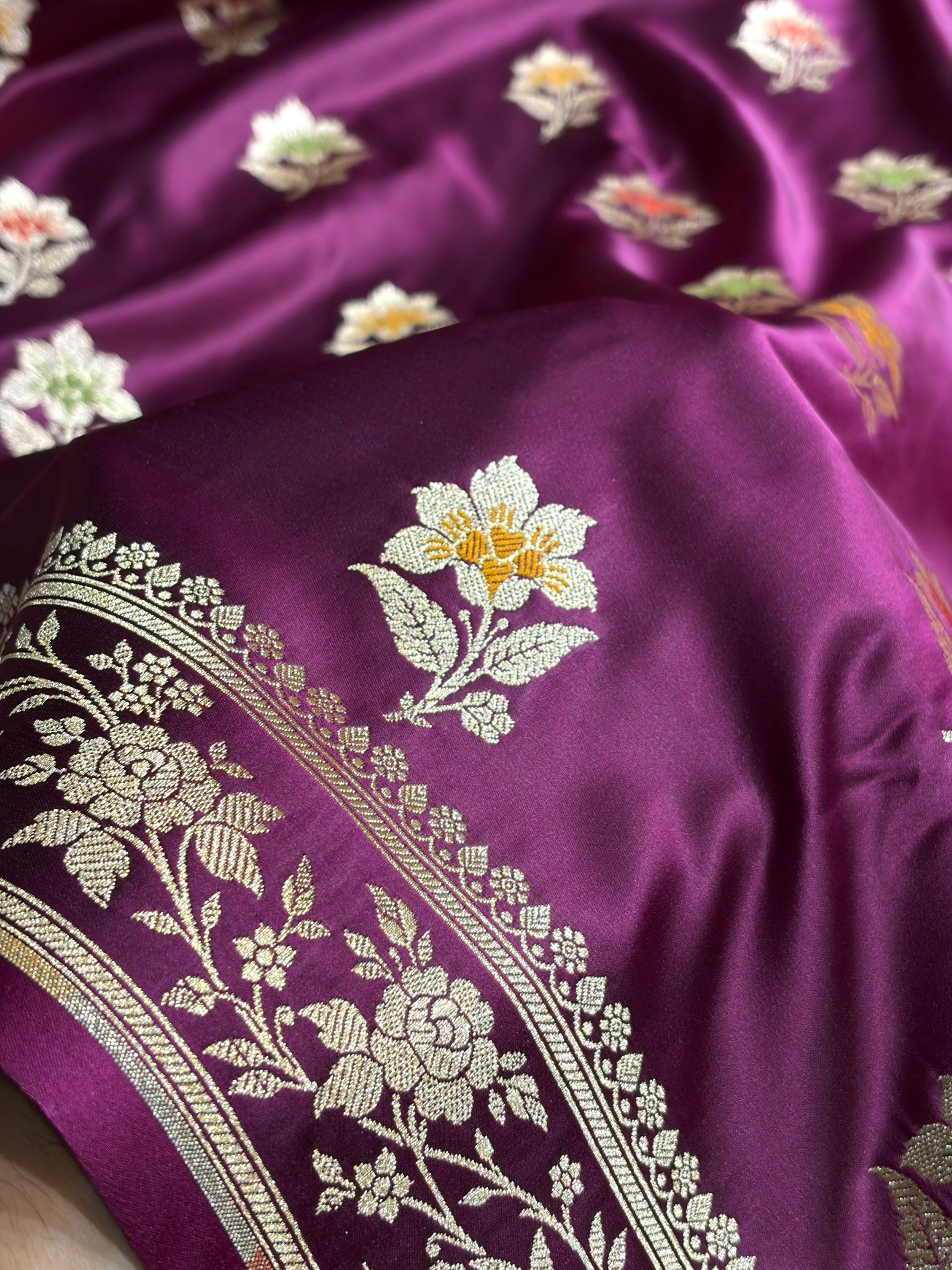 Premium Banarasi Satin Katan Saree With Minakari Boota in Wine Shades SK112