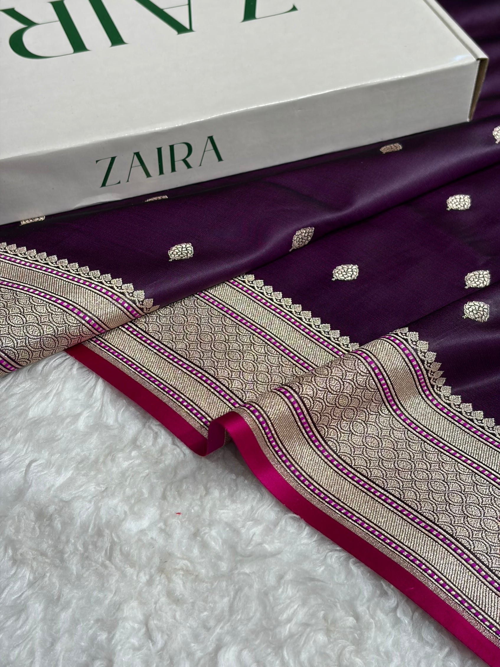 Banarasi Wine Boota With Floral Border Mashru Silk Saree