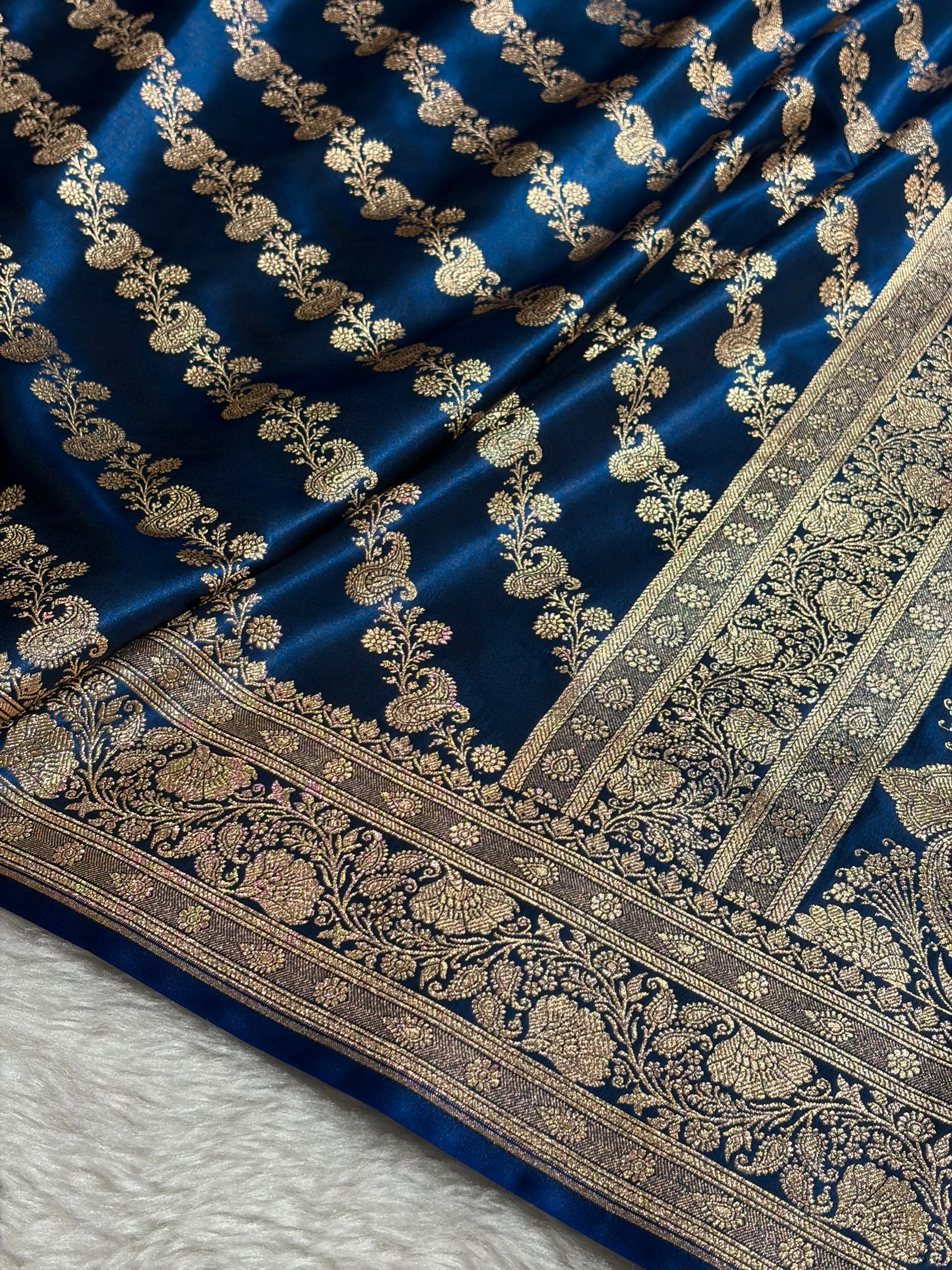 Banarasi German Blue Shades Cross Pattern Banarasi Satin Silk Saree SS51