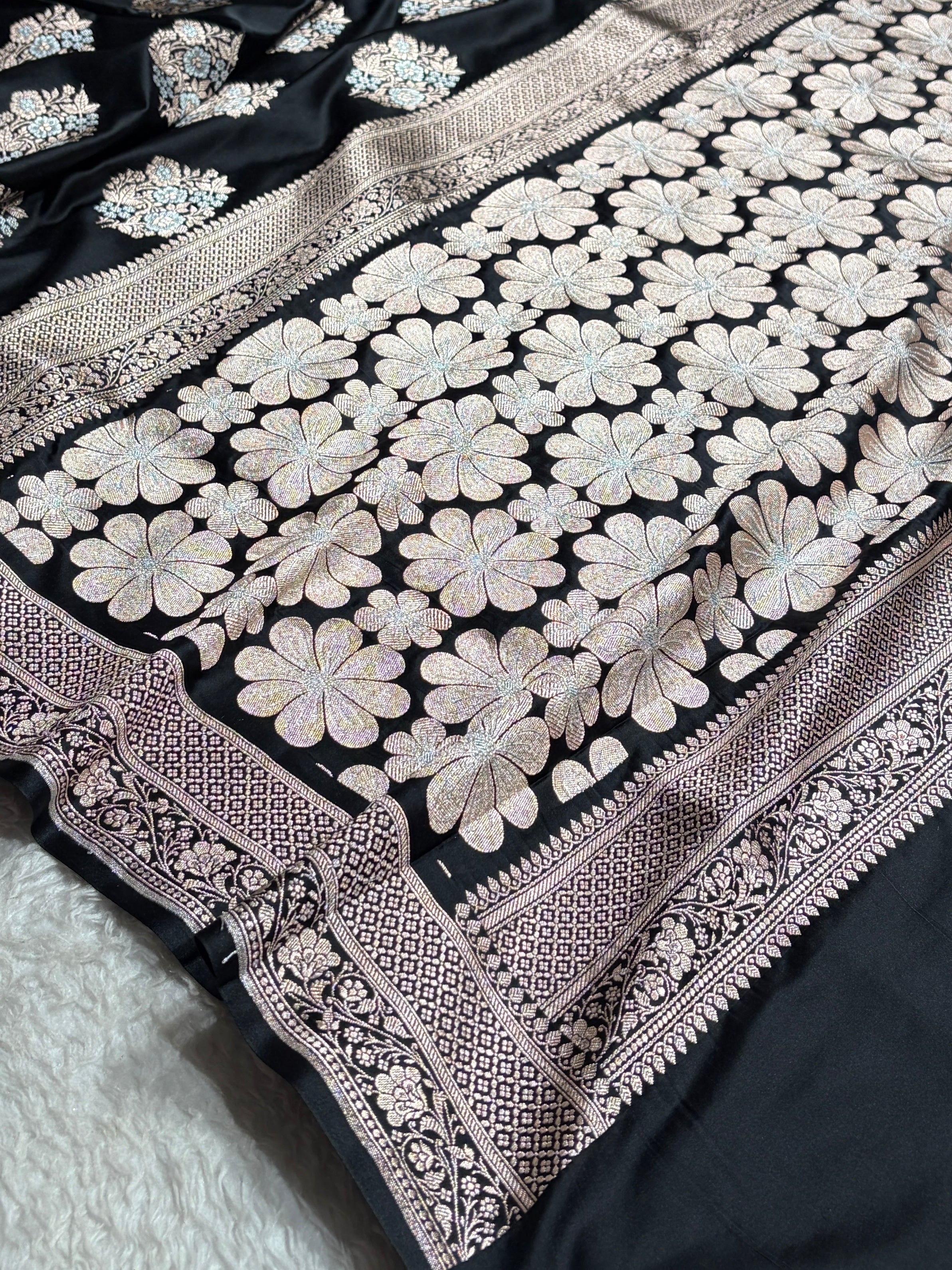 Premium Banarasi Satin Katan Saree With Minakari Boota in Black Shades SK93