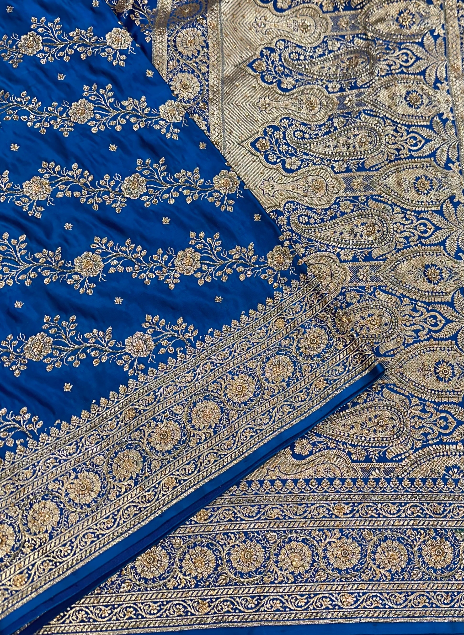 Firozy Cross Katan Silk Saree with Ari and Stone Work