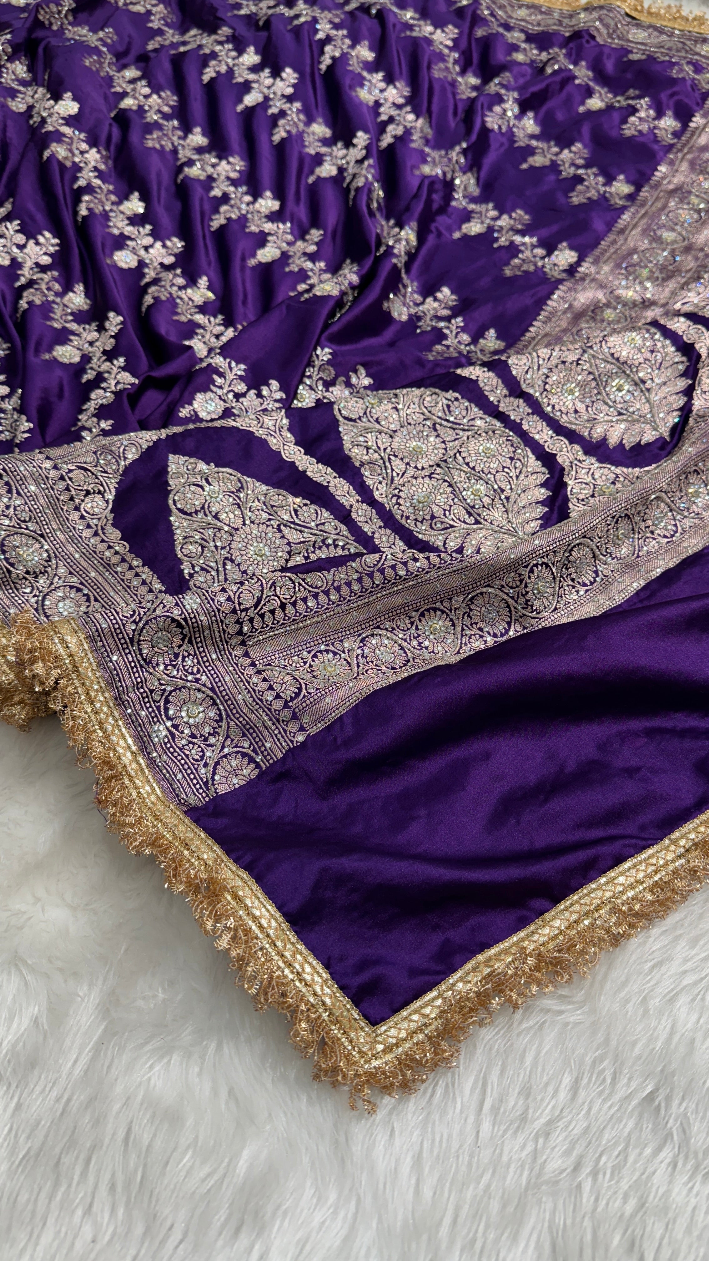 Purple shade Mashru Silk with Ari and stone work with Gold Gotta Patti