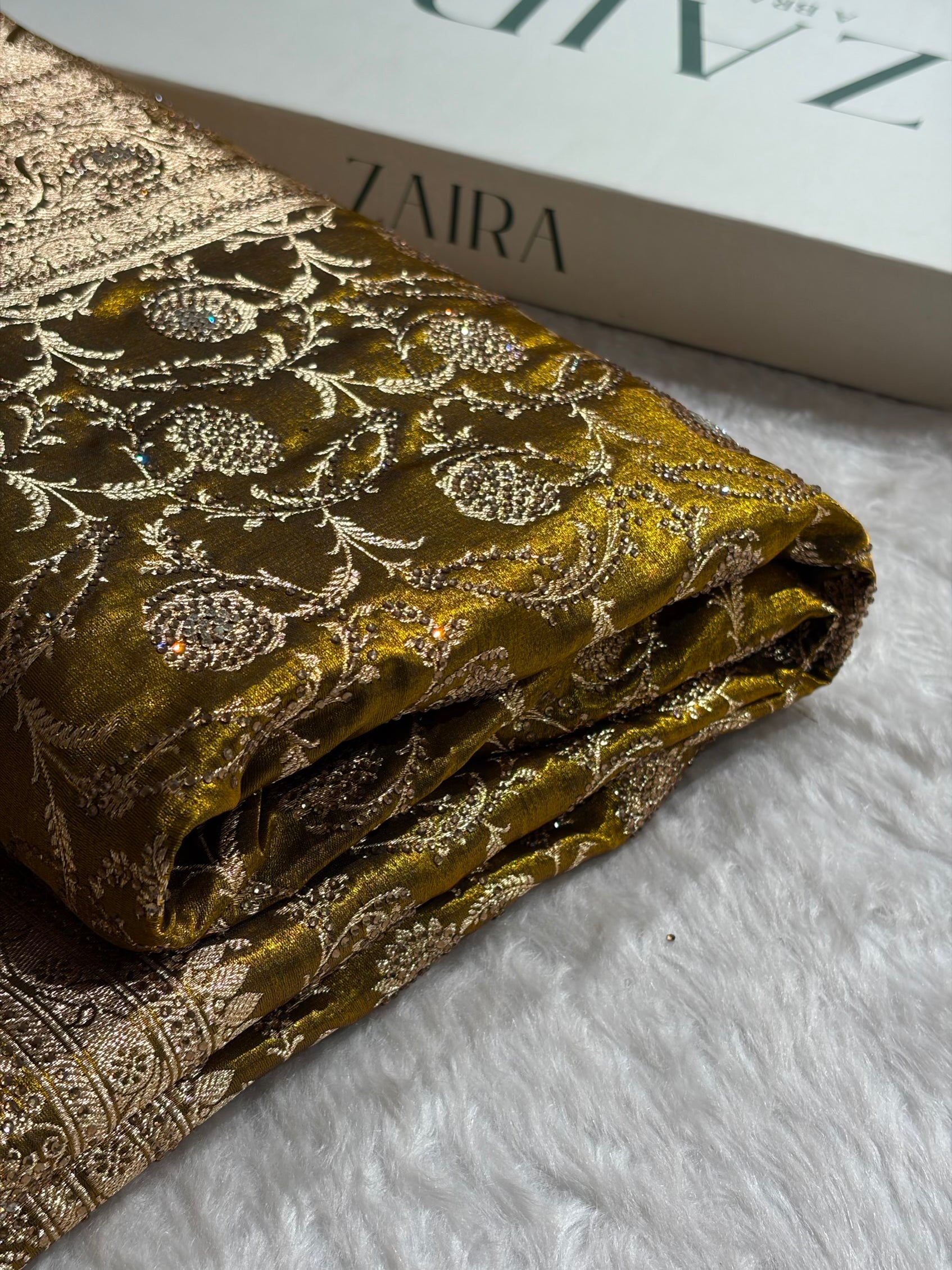Ultra Light Weight Satin Silk Jaal With Swarovski Work in Mehendi Shades BSS13