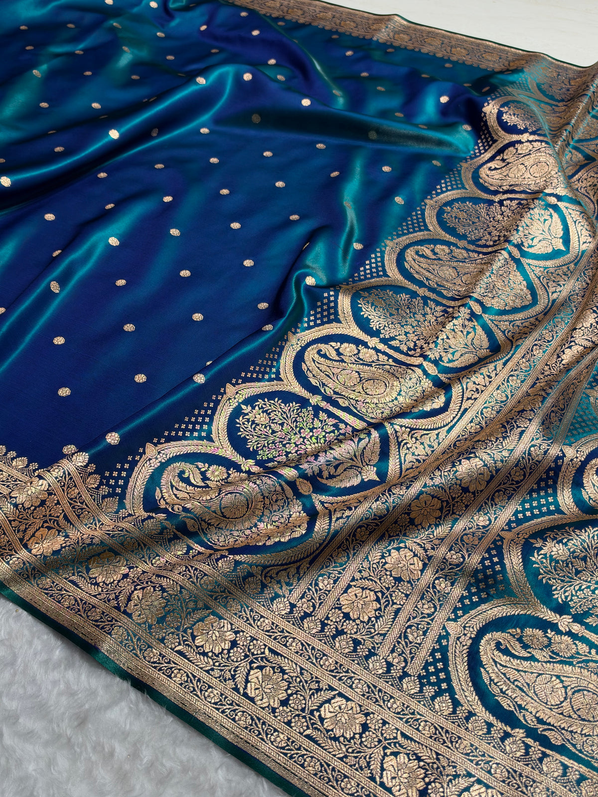 Satin Silk Saree Banarasi Booti in Peacock Shades SS29