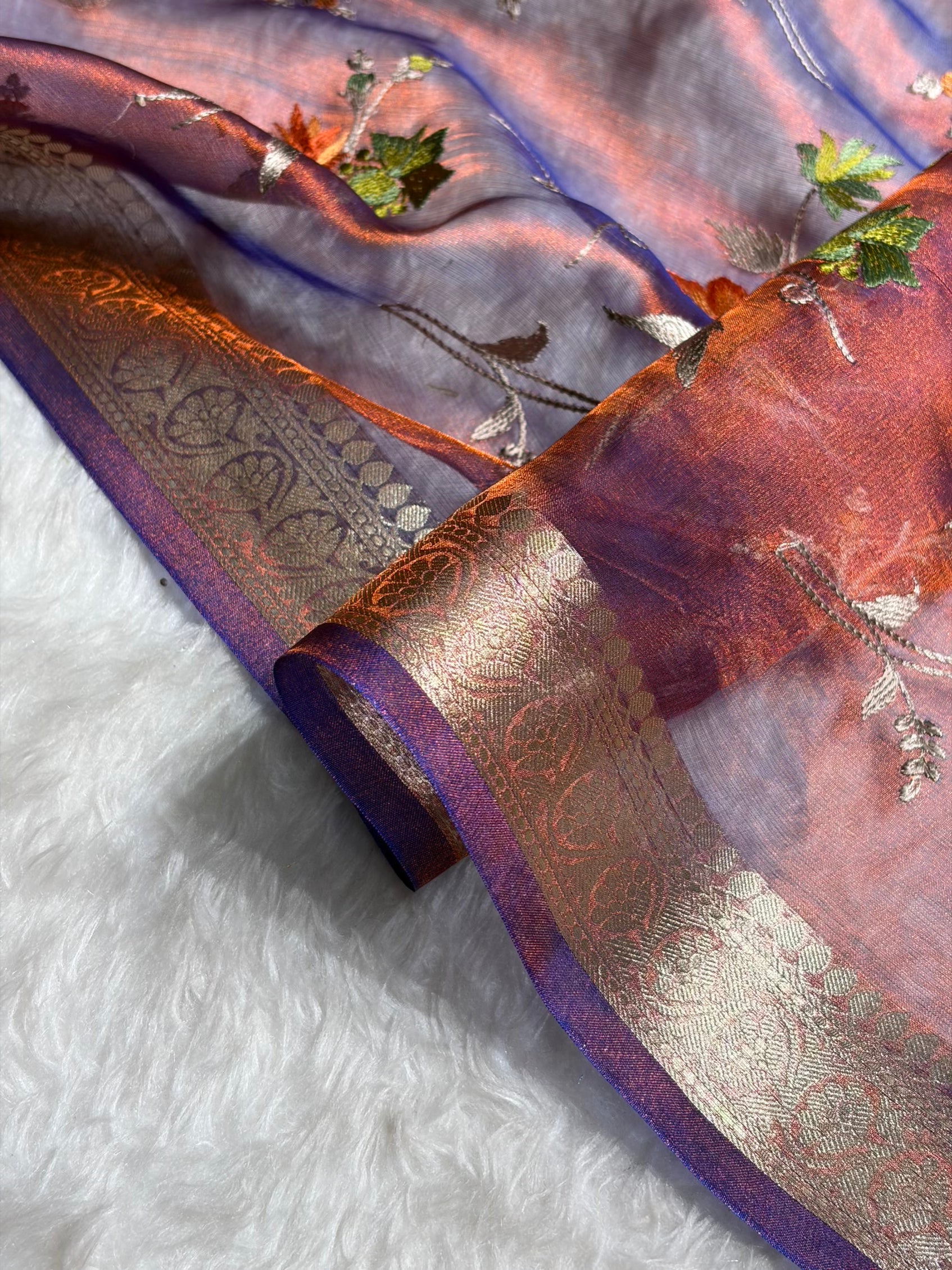 Rustic Purple Shades With Floral Embroidered Pure Tissue Silk Saree with Brocade Blouse PTE-09