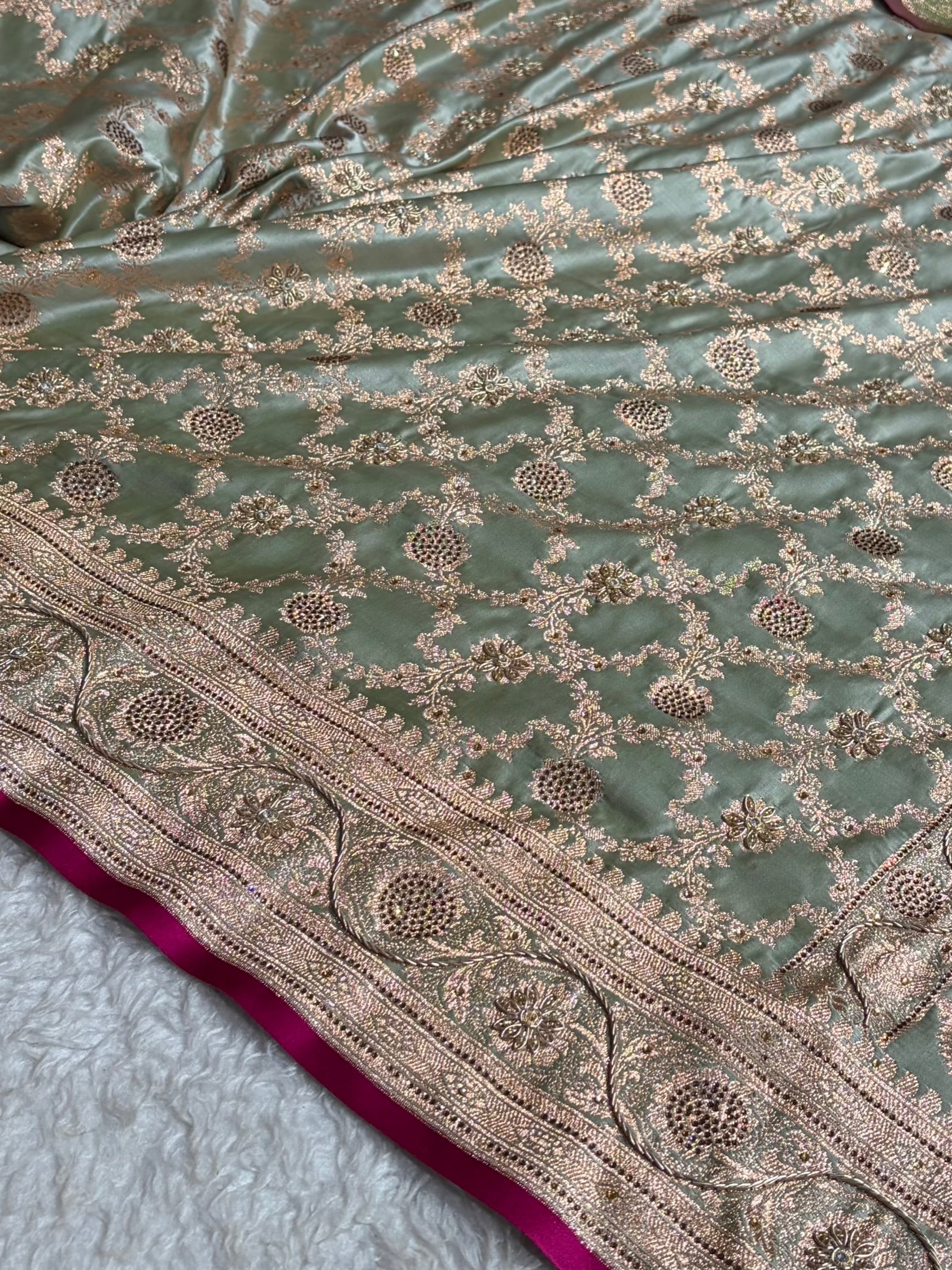 Light Mehendi Jaal With Banarasi Swarovski and Zardozi Work Pattern Satin Katan Silk Saree BSK25