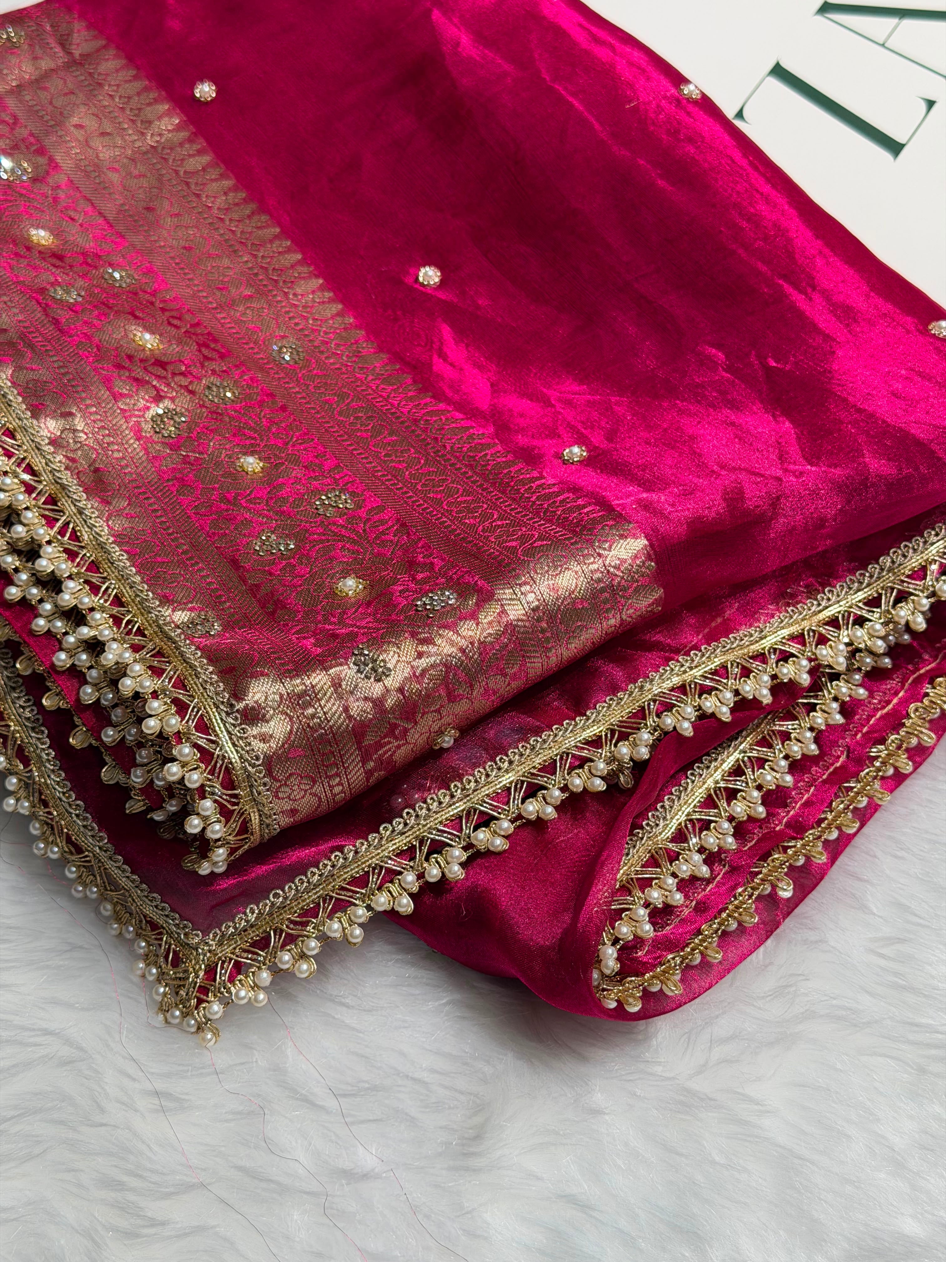 Rani Pink Shades Pure Tissue Silk With Banarasi Swarovski Work Saree with Brocade Blouse BPGPT-08