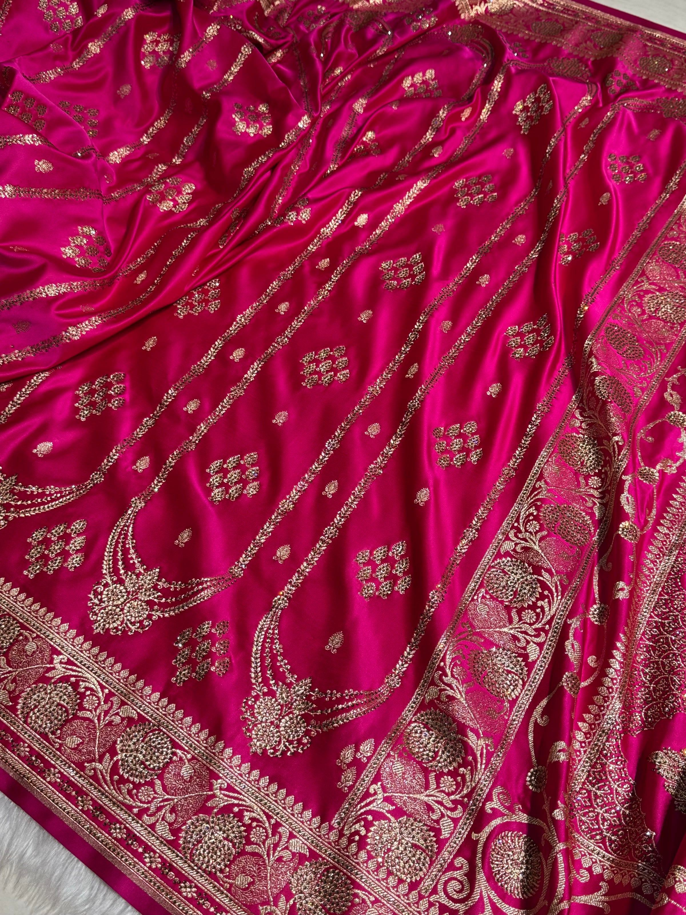 Rani Floral Boota Pattern With Siroski Stone Work Satin Katan Silk saree BSK39