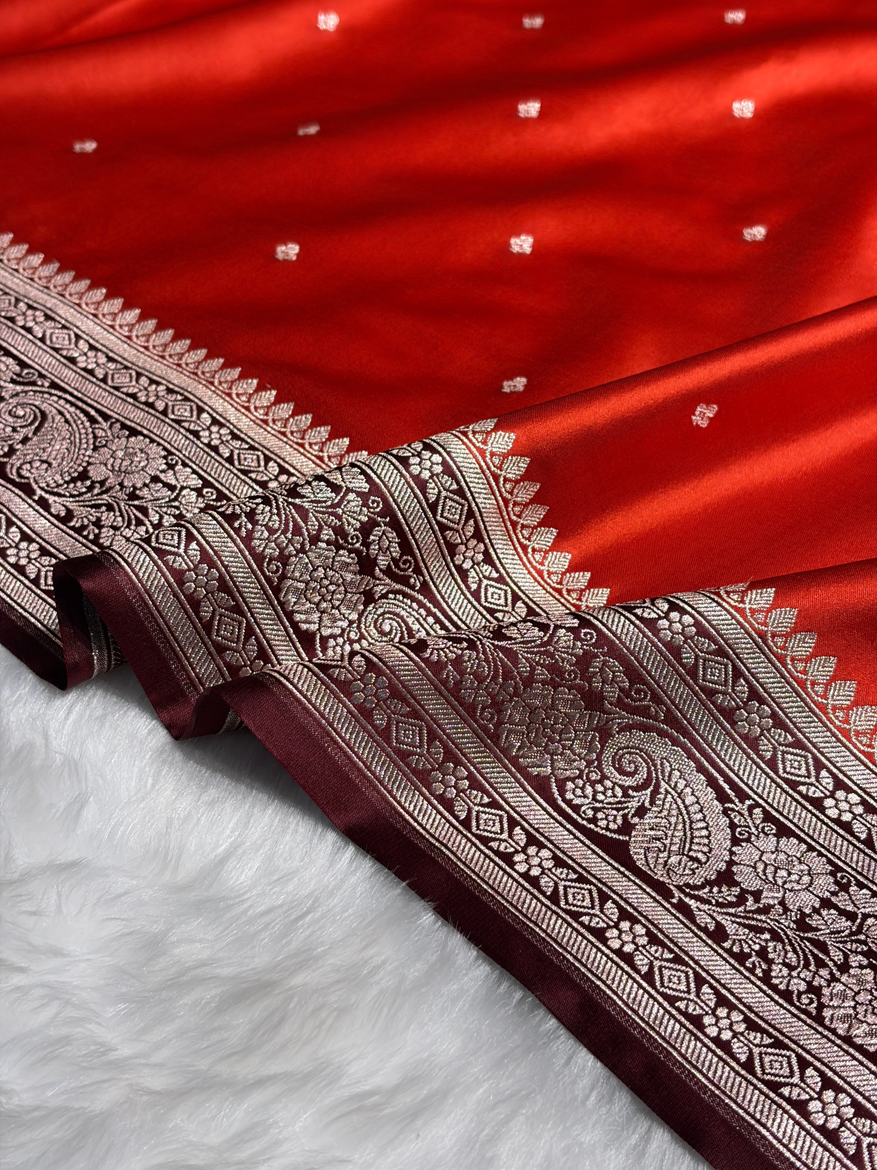 Contrast Rust Orange with Chocolate Shades Booti Mashru Silk Saree MS64