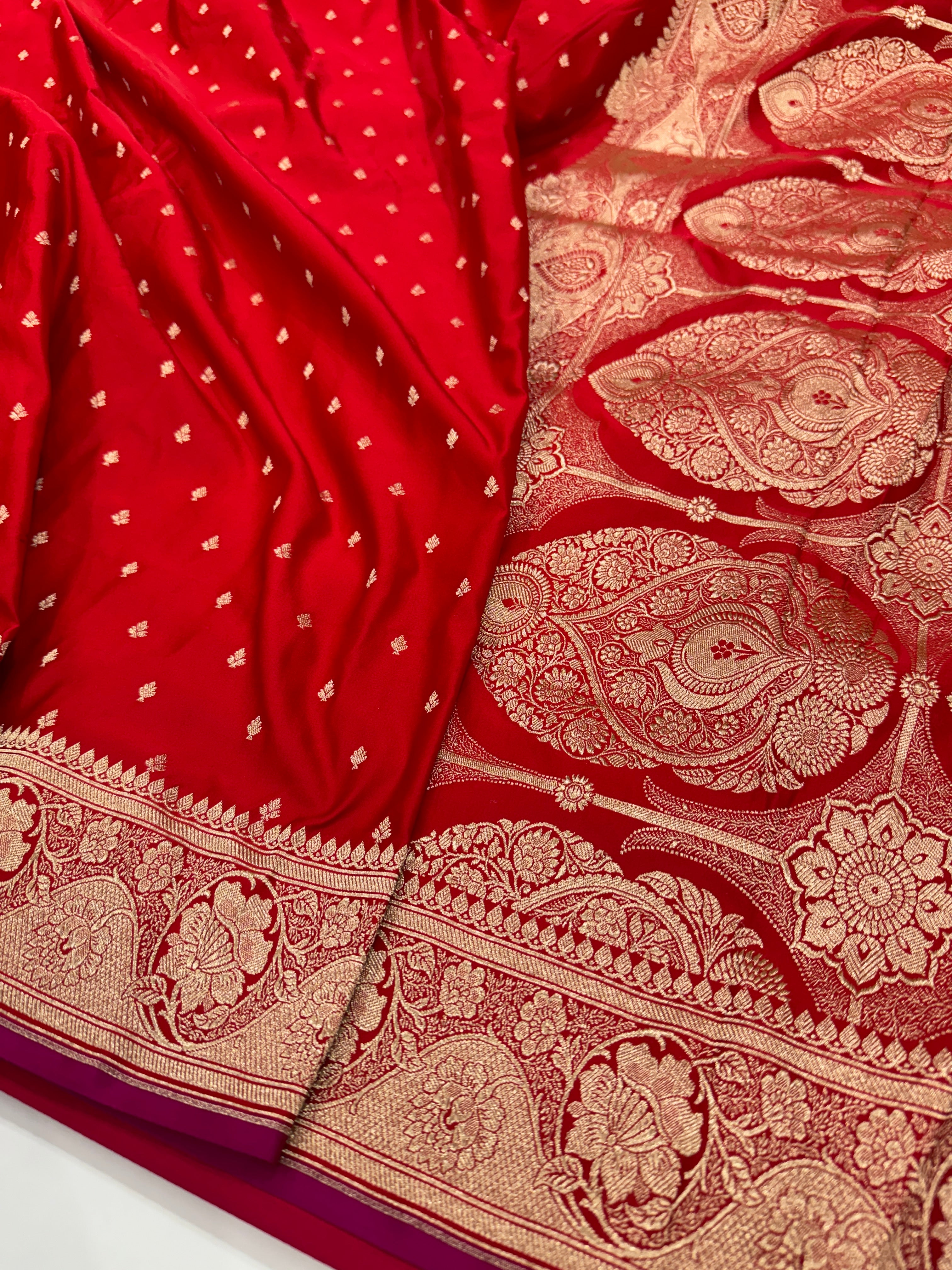 Ruby Red Booti Mashru Silk Saree