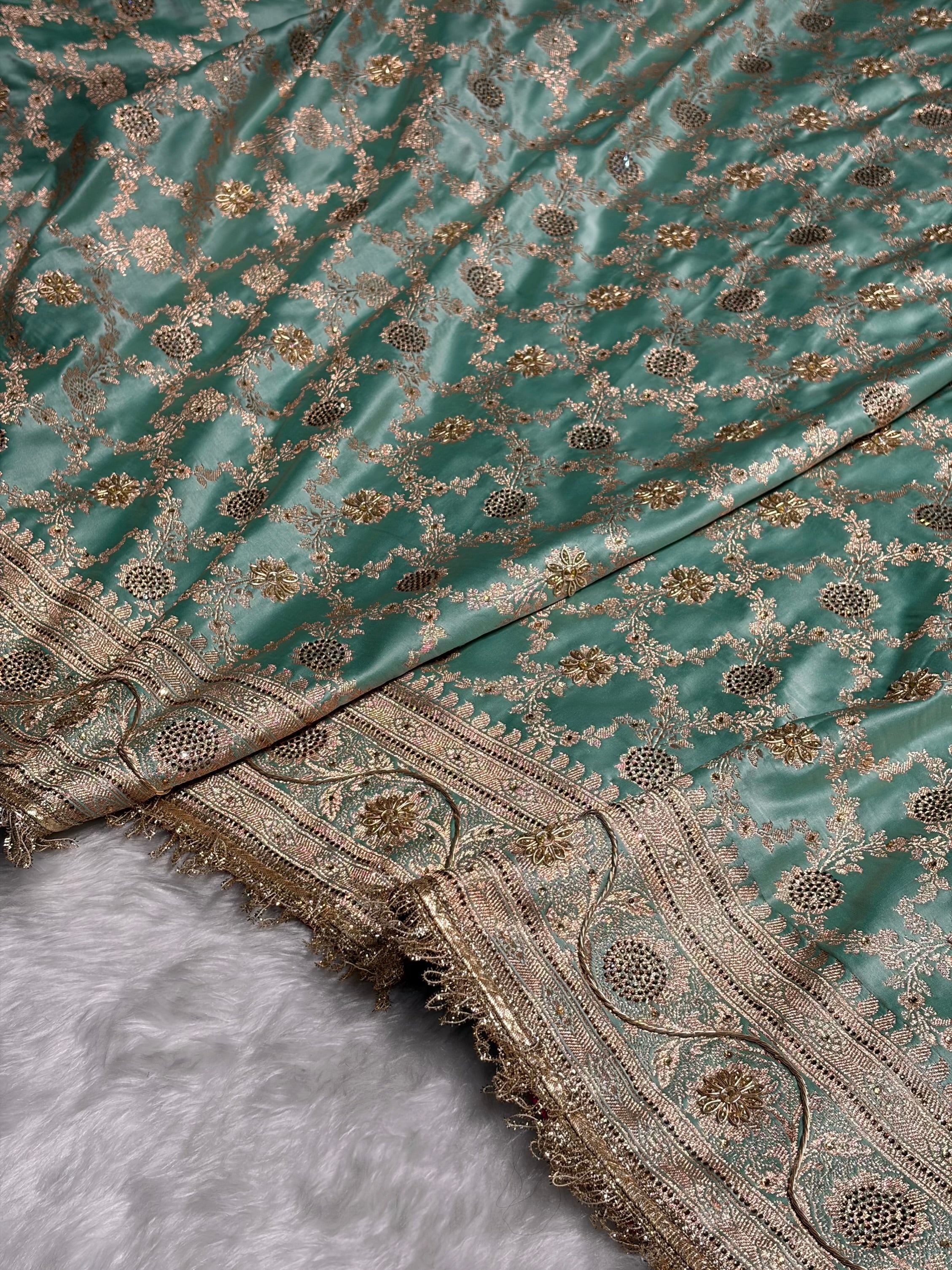 Sea Green Swavroski & Zardozi Work With Gotta Patti Jaal Pattern Satin Katan Silk Saree BSKGP25