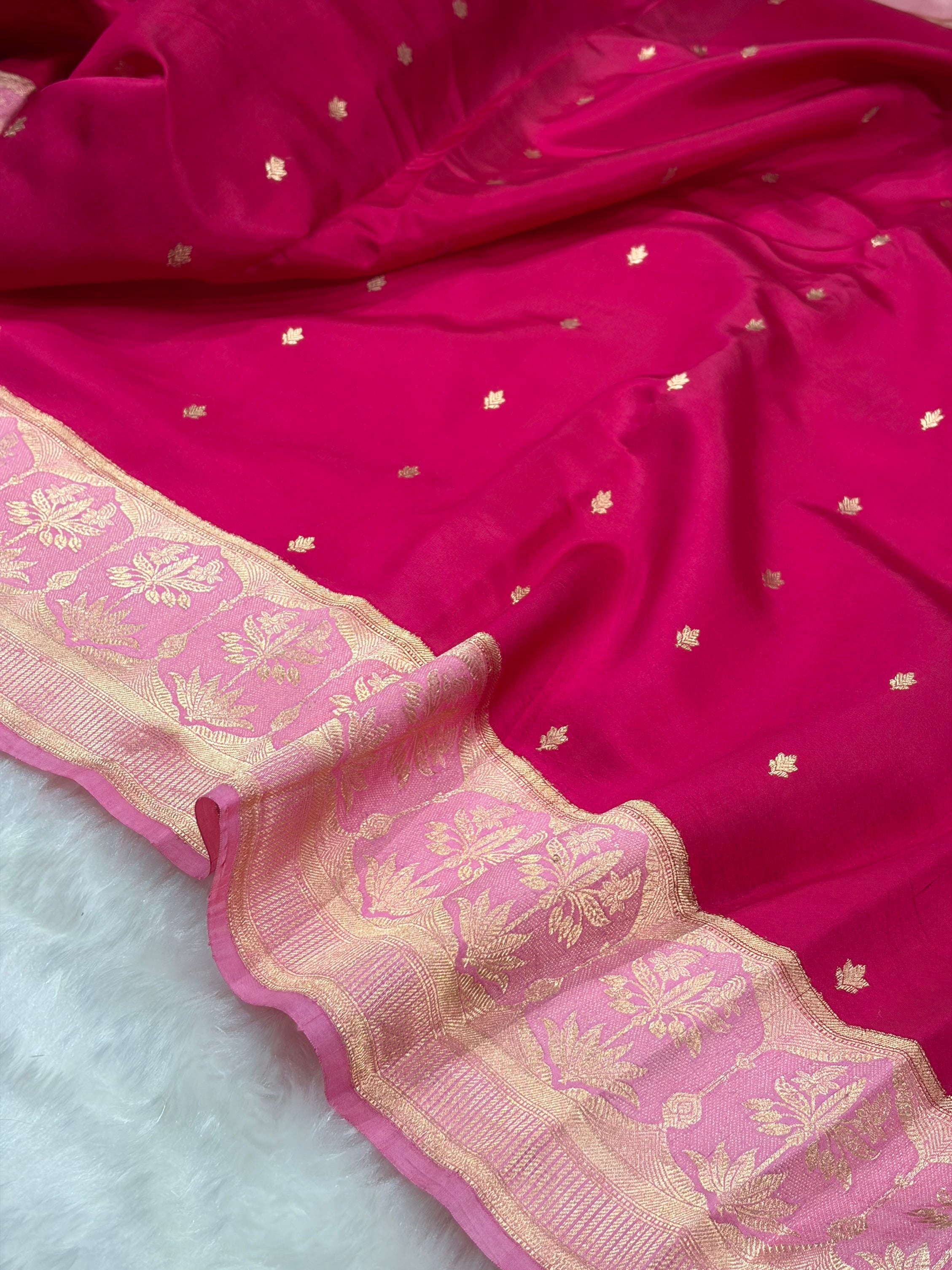Banarasi Dark Rani With Baby Pink Contrast Shades Handwoven Pure Paper Silk Saree RM-89