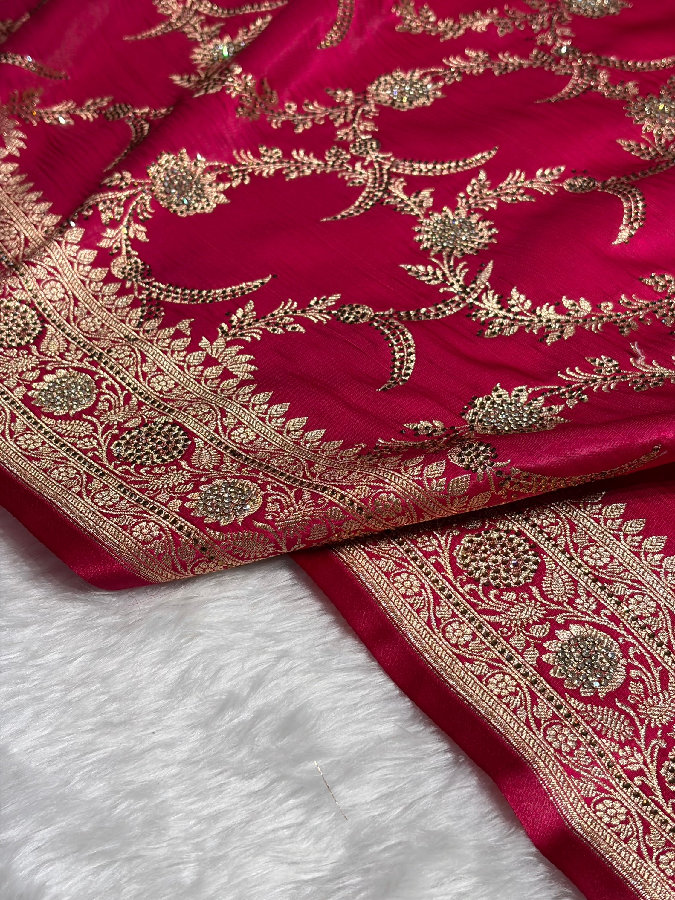 Rani Shades Swarovski Work Jaal Pattern Satin Silk Saree SS18