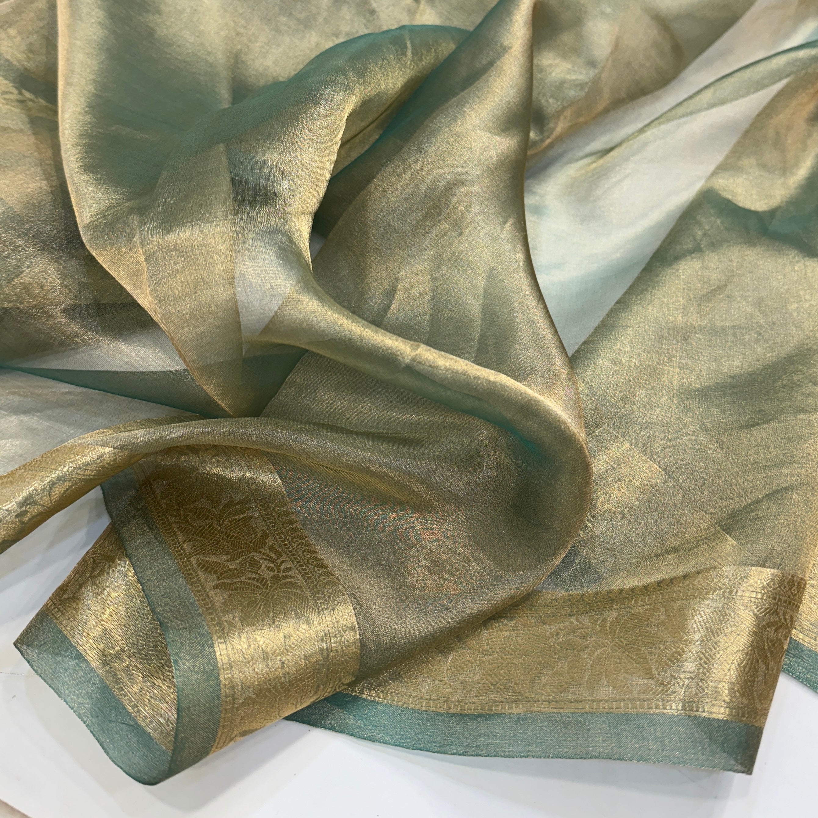 Turquoise Shade Pure Tissue Silk Saree with Brocade Blouse PT-03