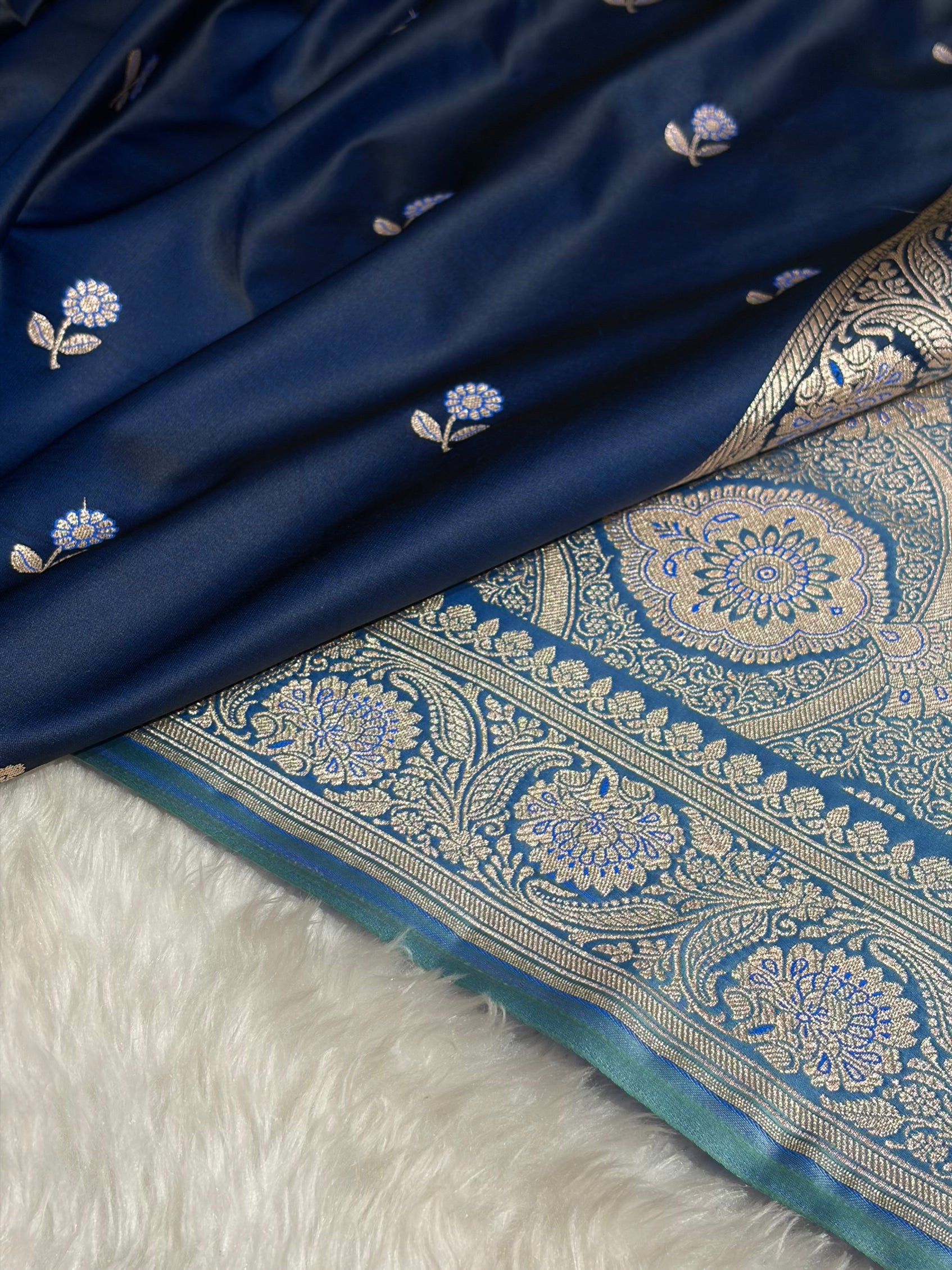 German Blue / Sky Blue Shades Banarasi Booti Pattern Mashru Silk Saree MSM-137