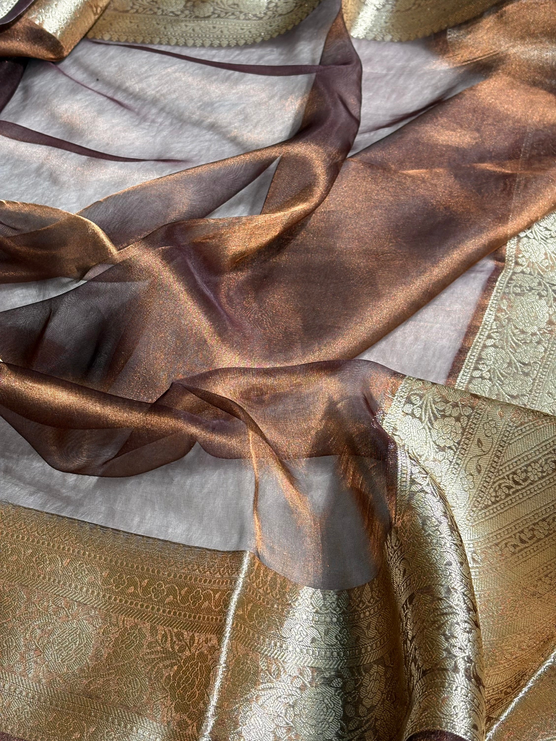 Chocolate Shades Pure Tissue Silk Saree with Brocade Blouse PT-08