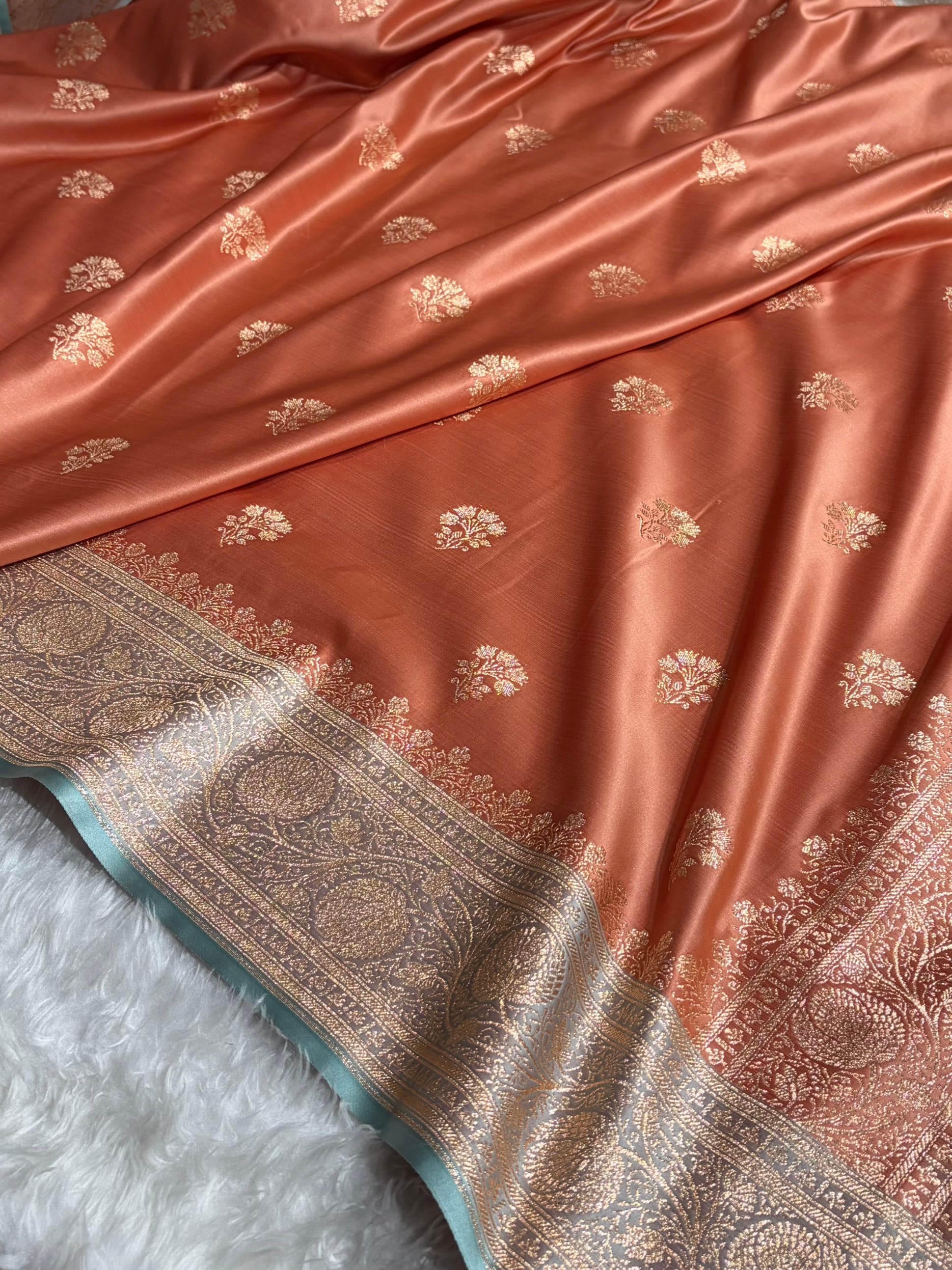 Rose Peach - Turquoise Banarasi Boota Katan Silk Saree SKM29