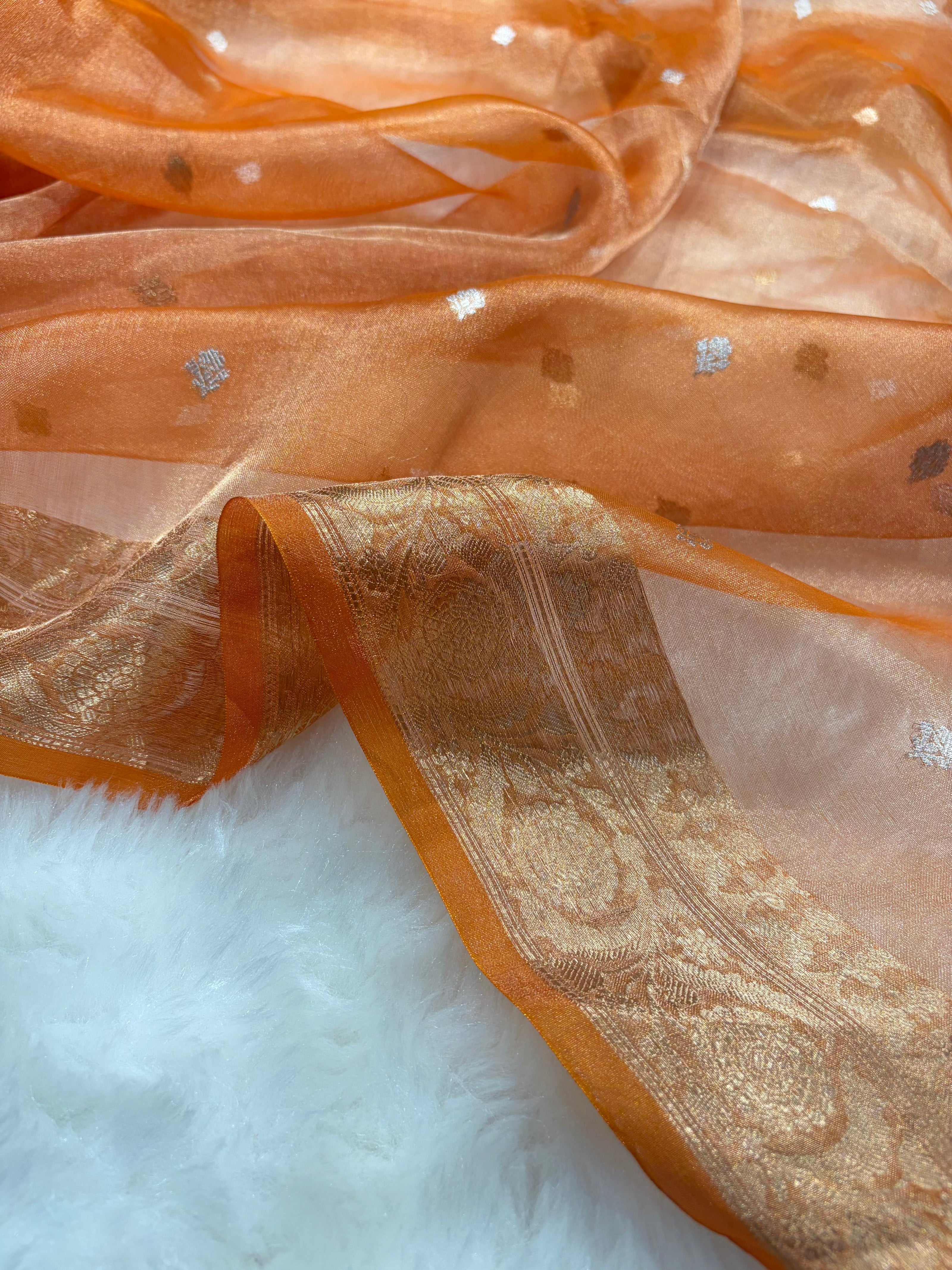 Orange Bananasi Floral Shades Pure Tissue Silk Saree PT-34