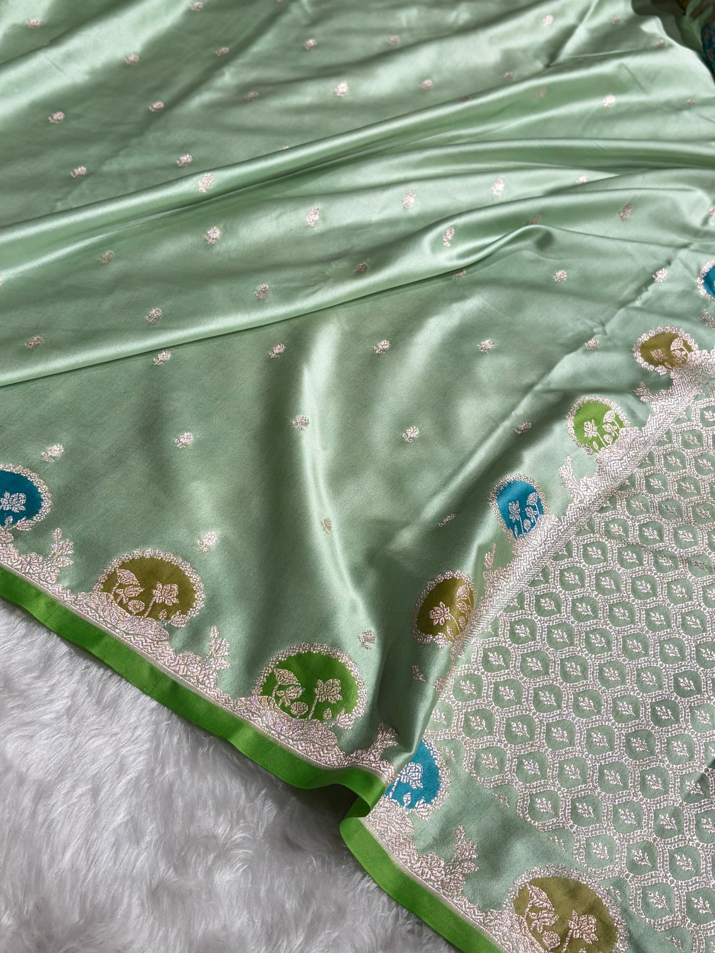 Banarasi Light Pista Shades With Minakari Floral Mashru Silk Saree MCS91