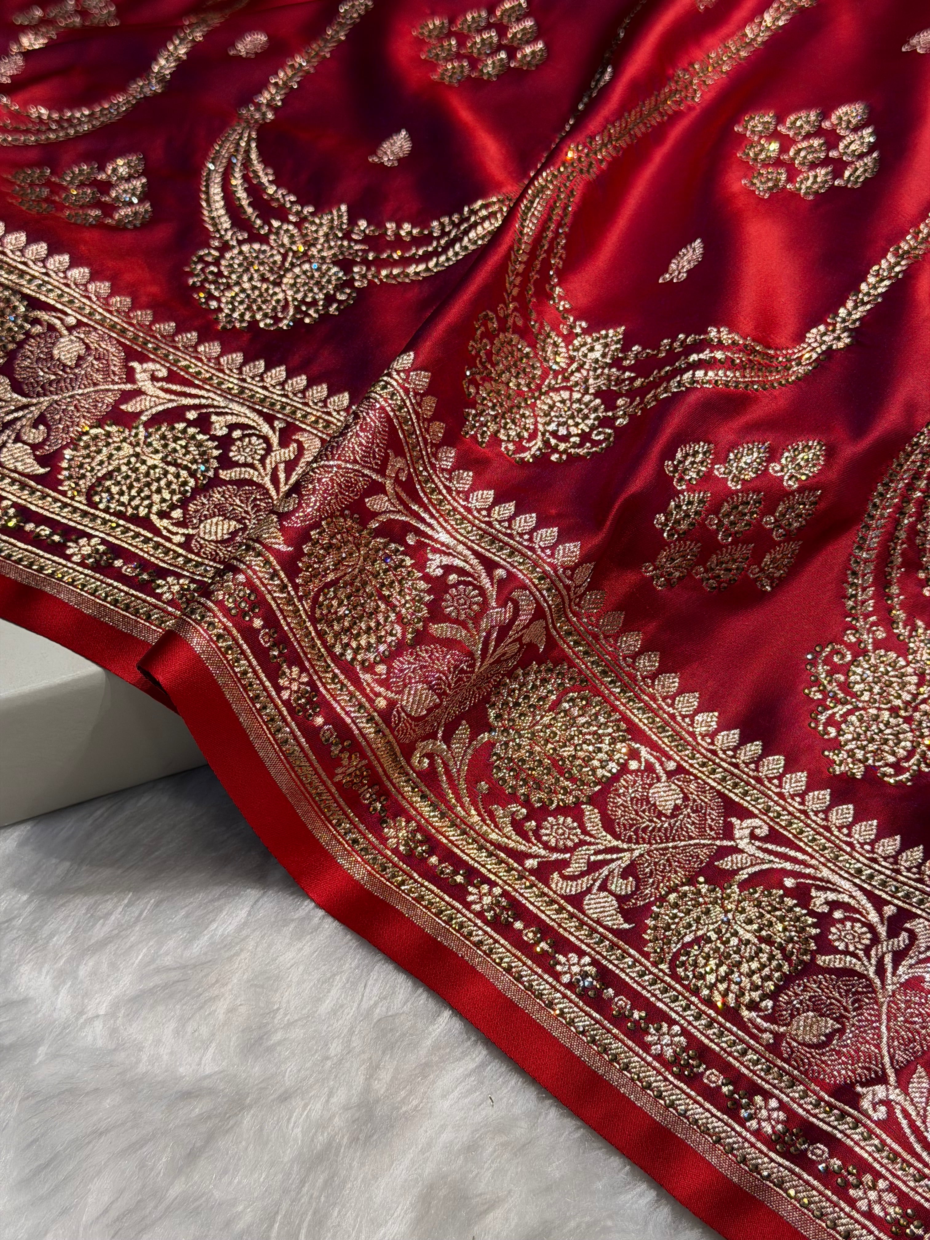 Cross Red Floral Boota Pattern With Bananas Swarovski Stone Work Satin Katan Silk saree BSK39