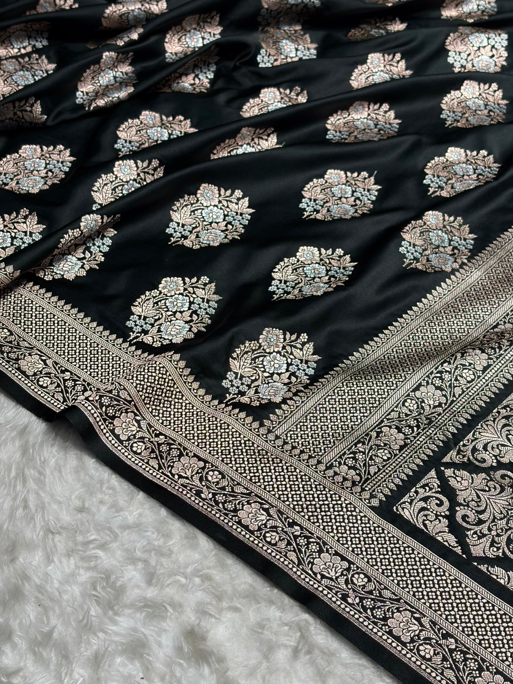 Premium Banarasi Satin Katan Saree With Minakari Boota in Black Shades SK93